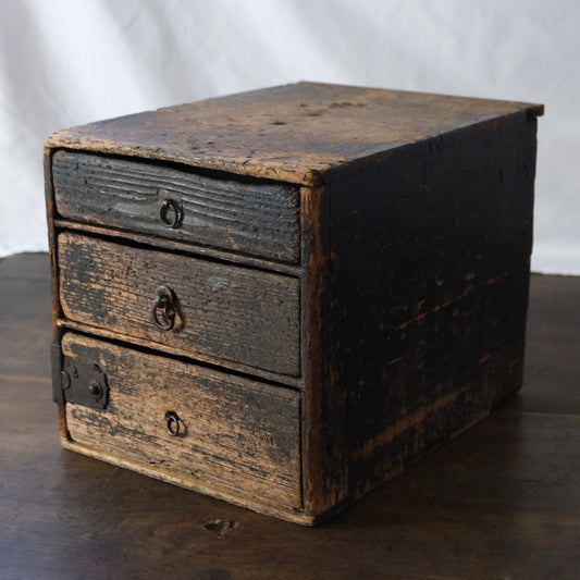 Vintage Japanese three-drawer wooden stationery chest c-12, angled front view