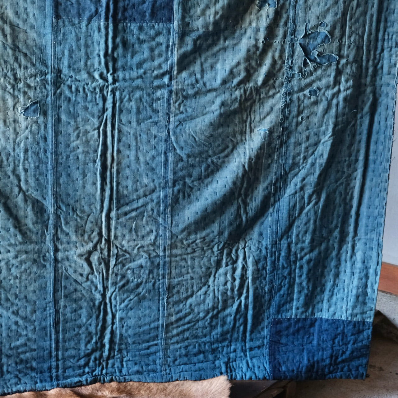 Vintage Japanese big BORO rug Sashiko indigo dyeing
