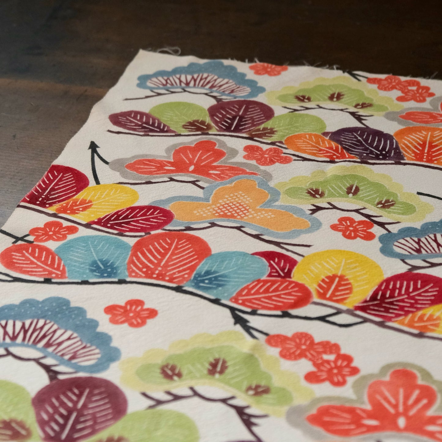 Vintage Japanese kimono silk textile Ryukyu Bingata Okinawa pine and plum blossoms (b-38)