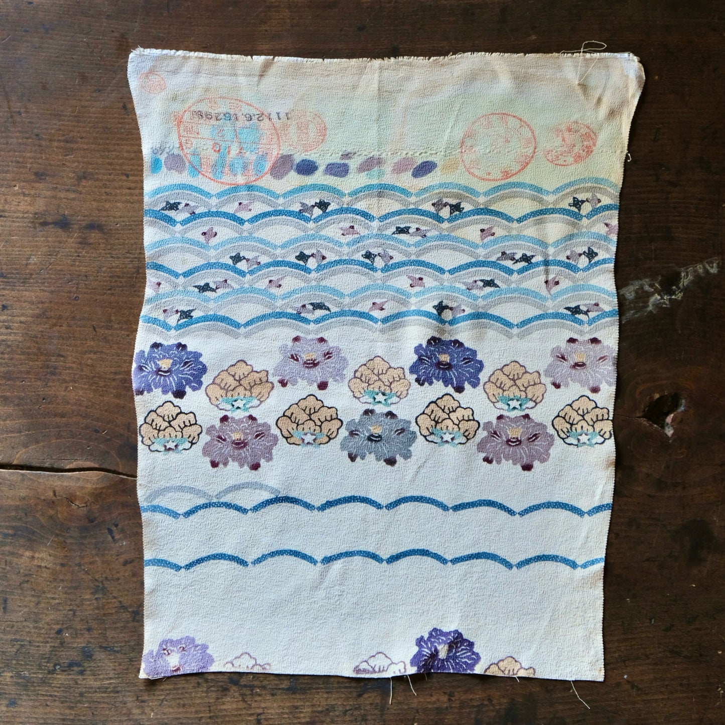Vintage Japanese kimono silk textile ryukyu bingata okinawa Japanese iris, little bird, wave(b-33)