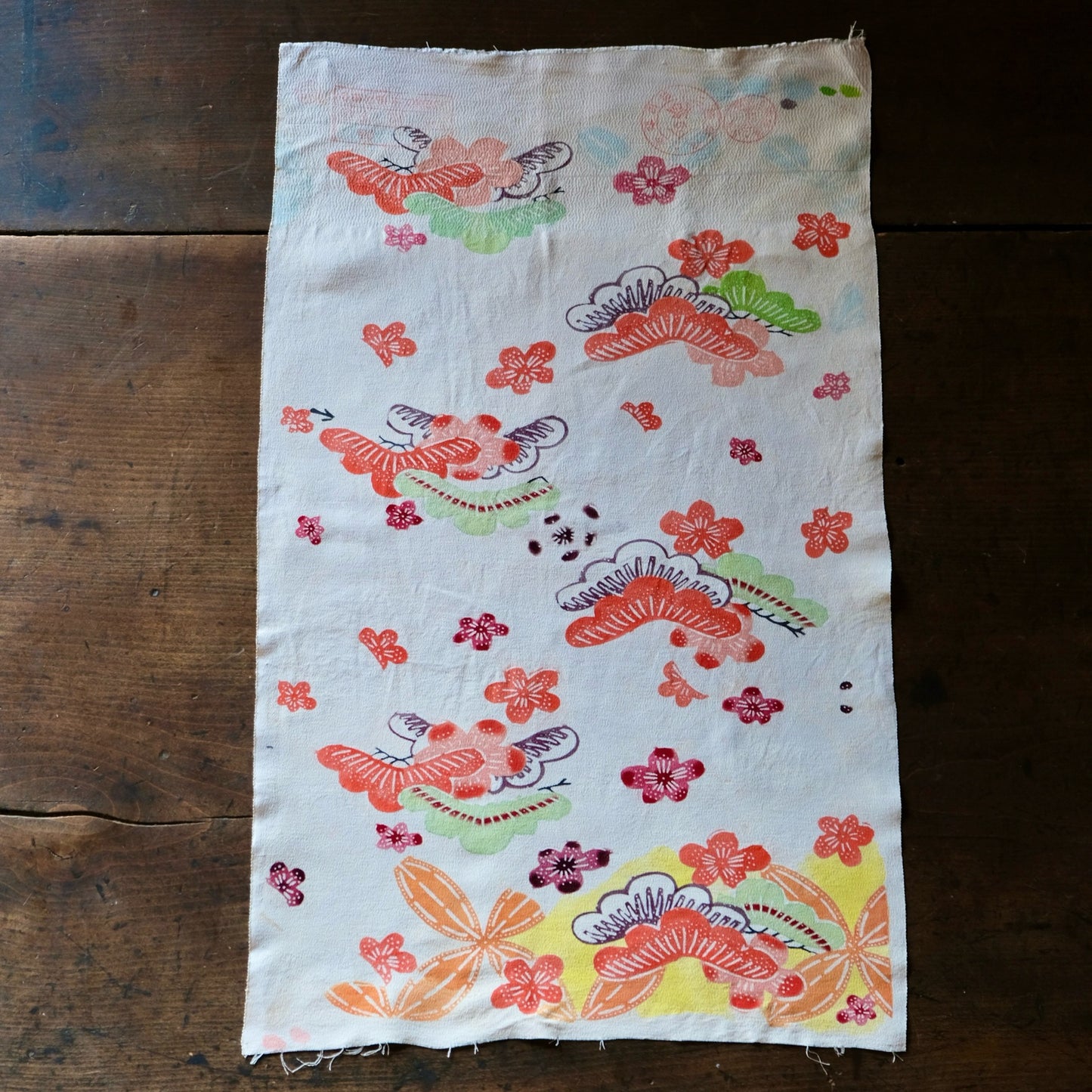 Vintage Japanese kimono silk textile ryukyu bingata okinawa pine and plum flower pattern(b-30)