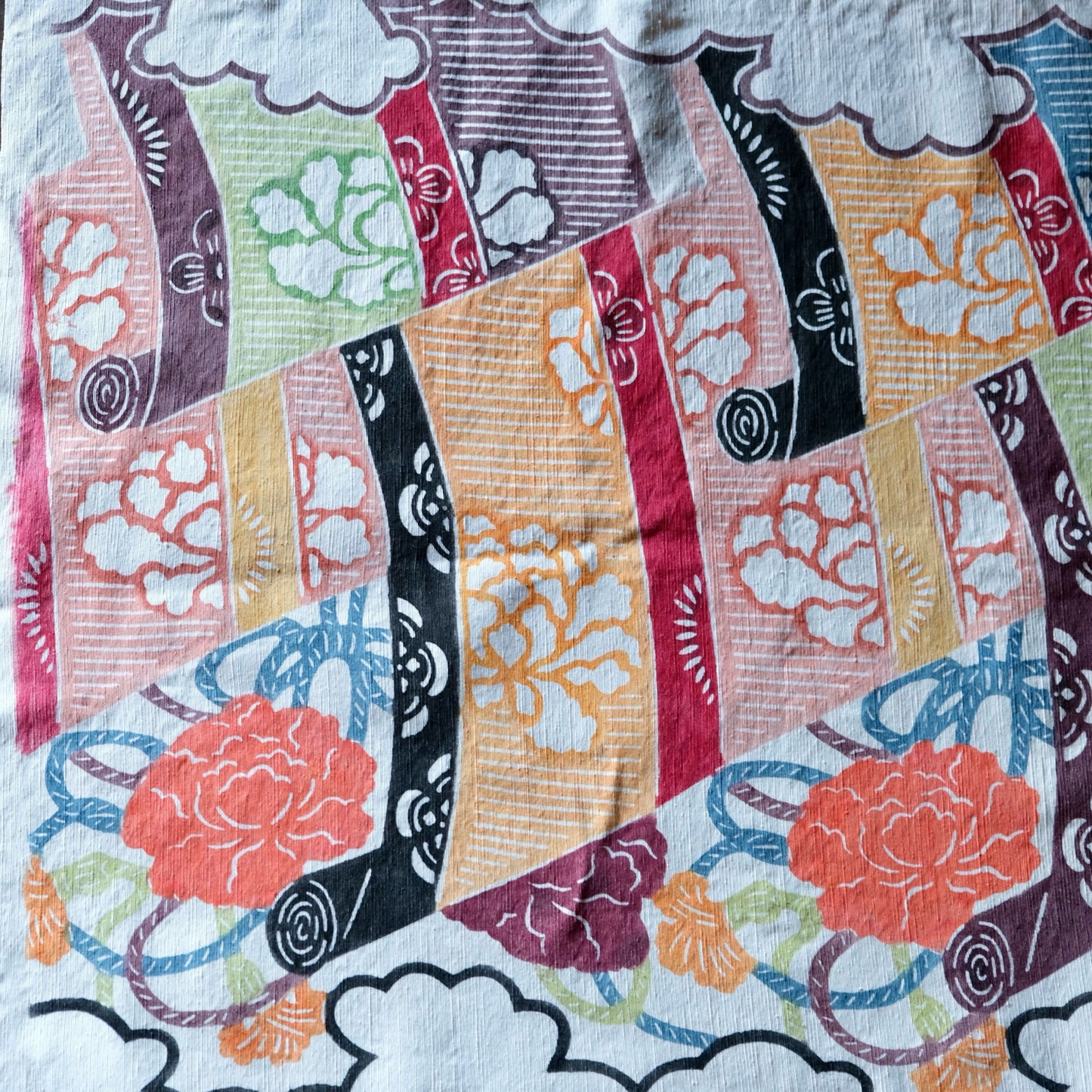 Vintage Japanese kimono silk textile Ryukyu Bingata okinawa Japanese peony(b-18)