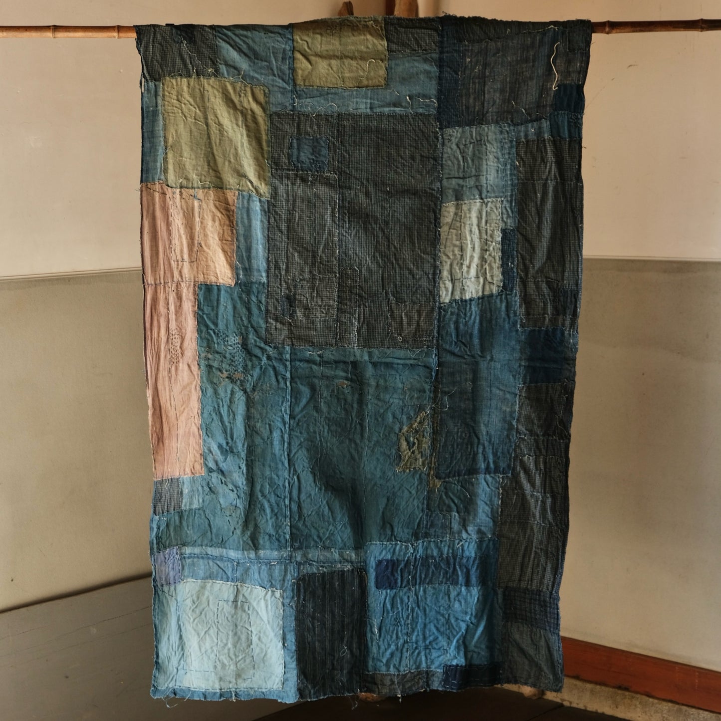 Vintage Japanese Boro rug sashiko with hemp