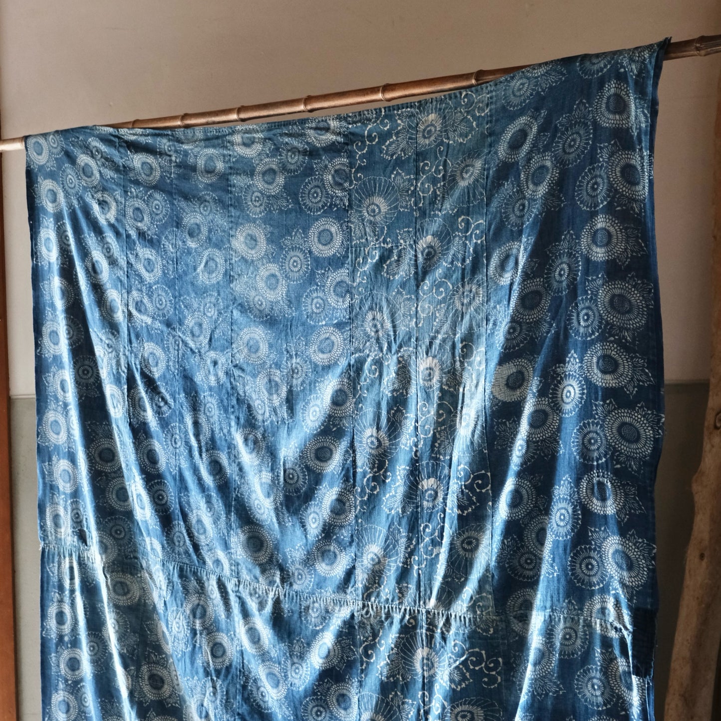 Vintage Japanese Katazome indigo chrysanthemum textile boro aizome thin cloth(b-6)