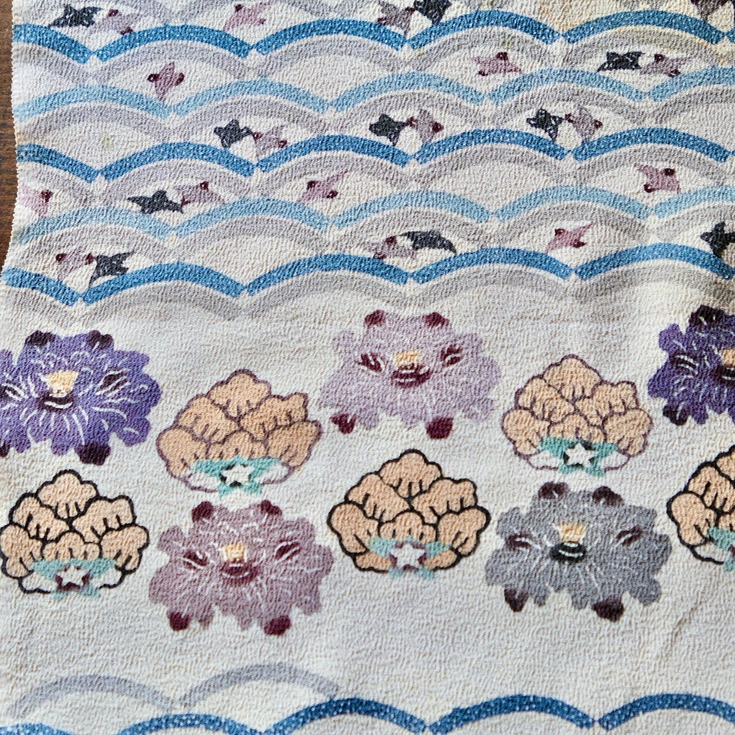Vintage Japanese kimono silk textile ryukyu bingata okinawa Japanese iris, little bird, wave(b-33)