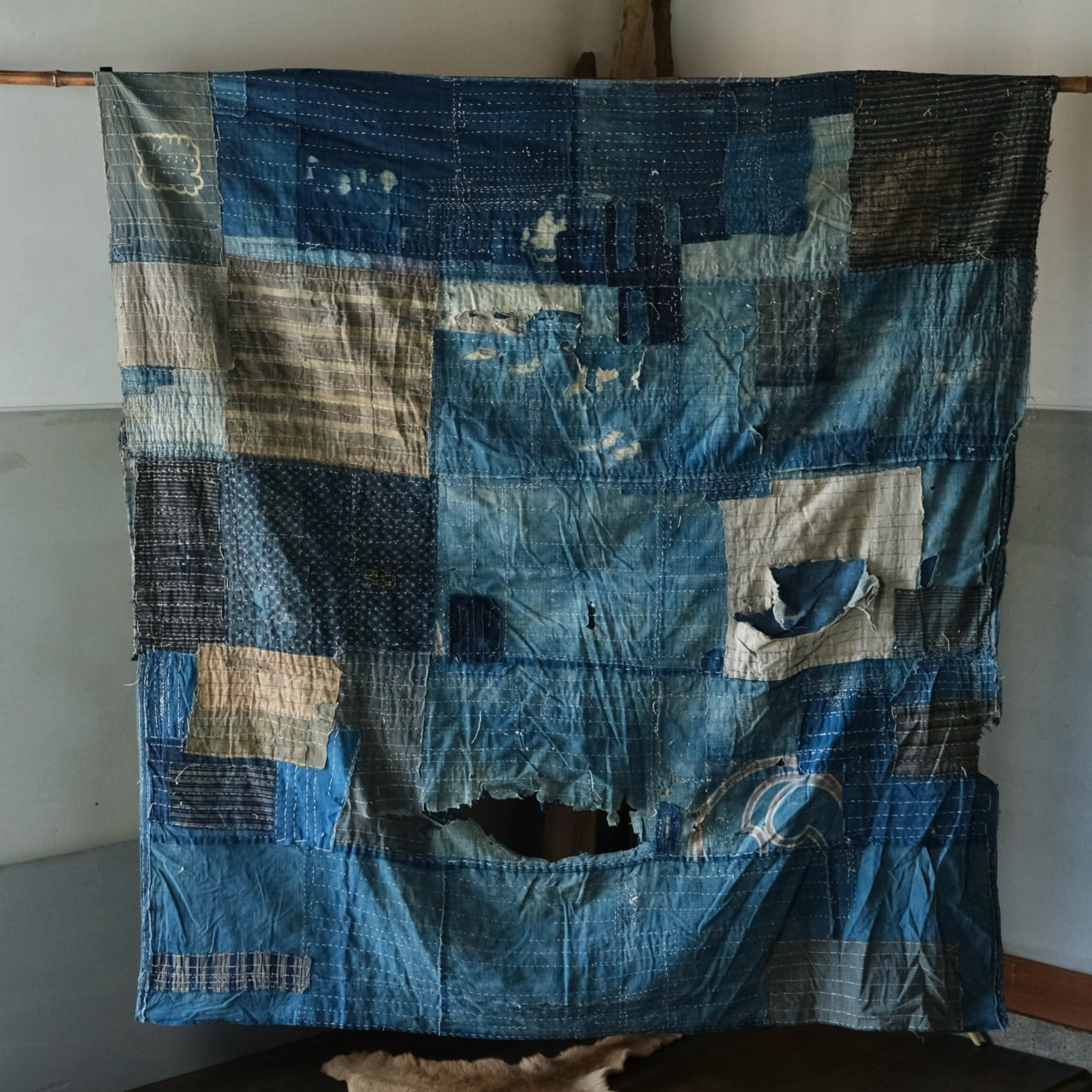 Vintage Japanese BORO rug Sashiko indigo dyeing