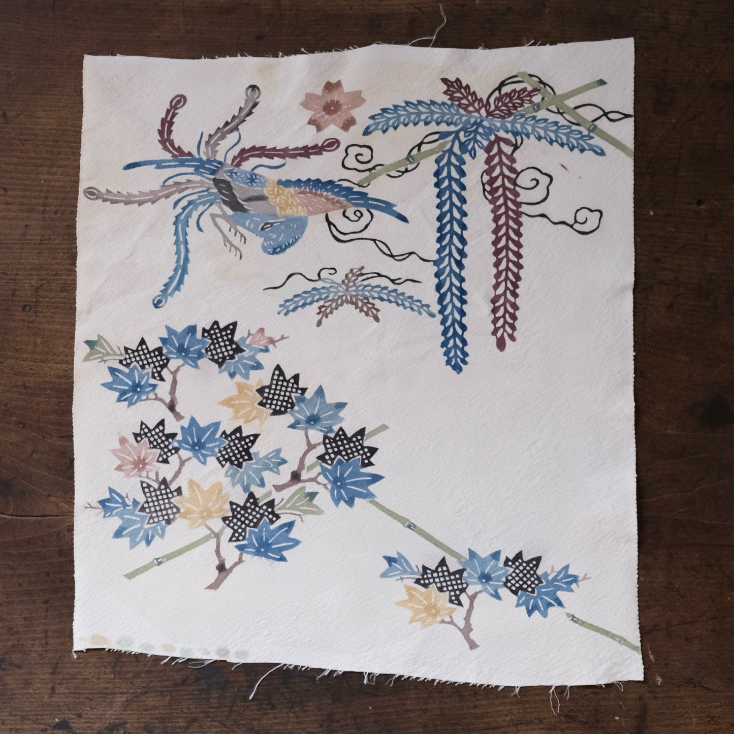 Vintage Japanese kimono silk textile Ryukyu Bingata Okinawa Japanese maple(Momiji), wisteria, phoenix (b-39)