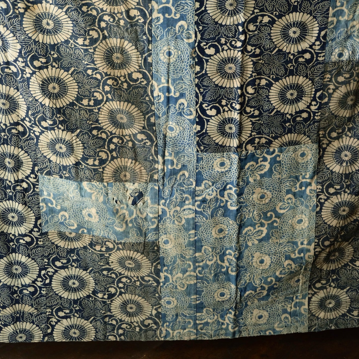 Vintage Japanese boro Katazome rug indigo chrysanthemum textile aizome over 100 years reversible sashiko(b-15)
