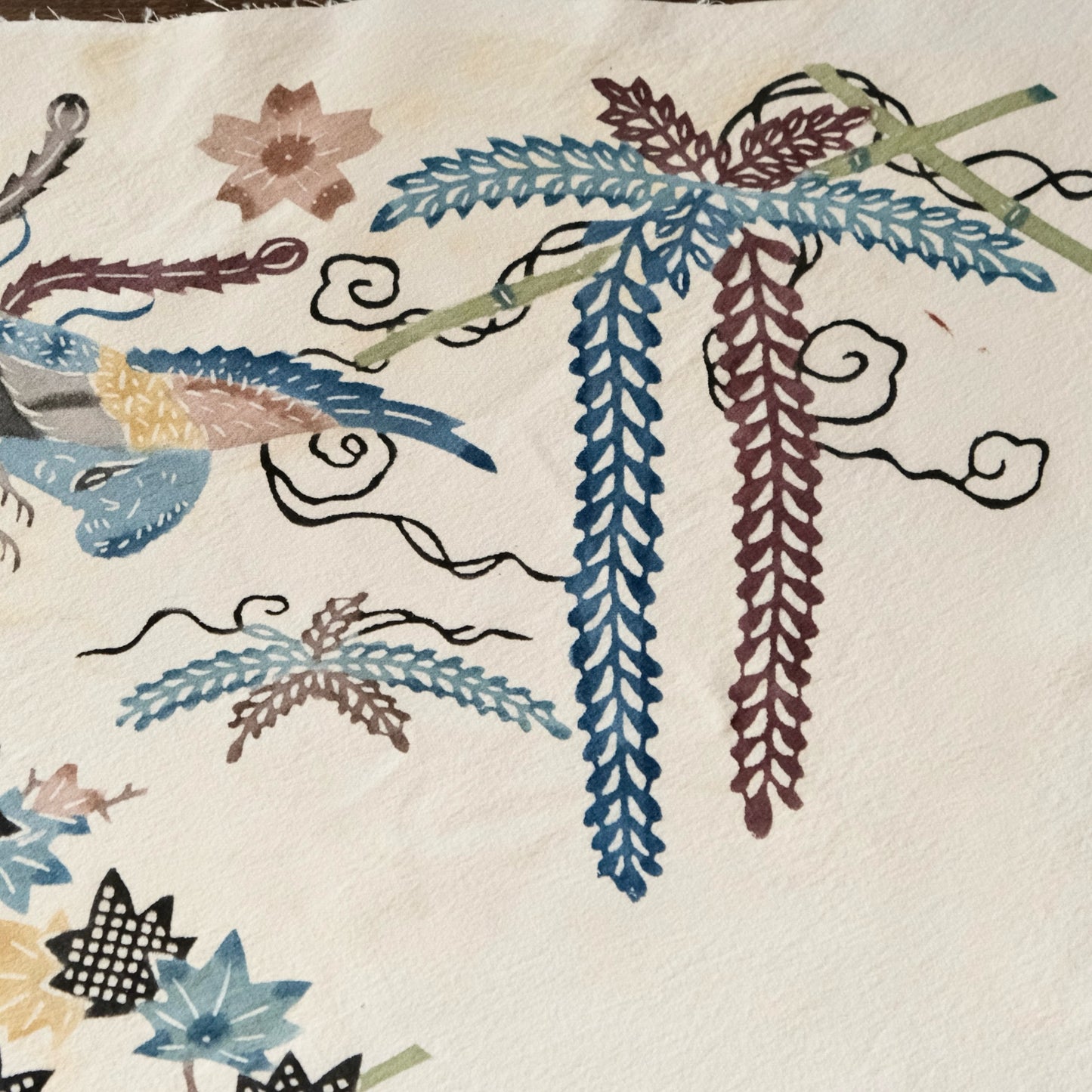 Vintage Japanese kimono silk textile Ryukyu Bingata Okinawa Japanese maple(Momiji), wisteria, phoenix (b-39)
