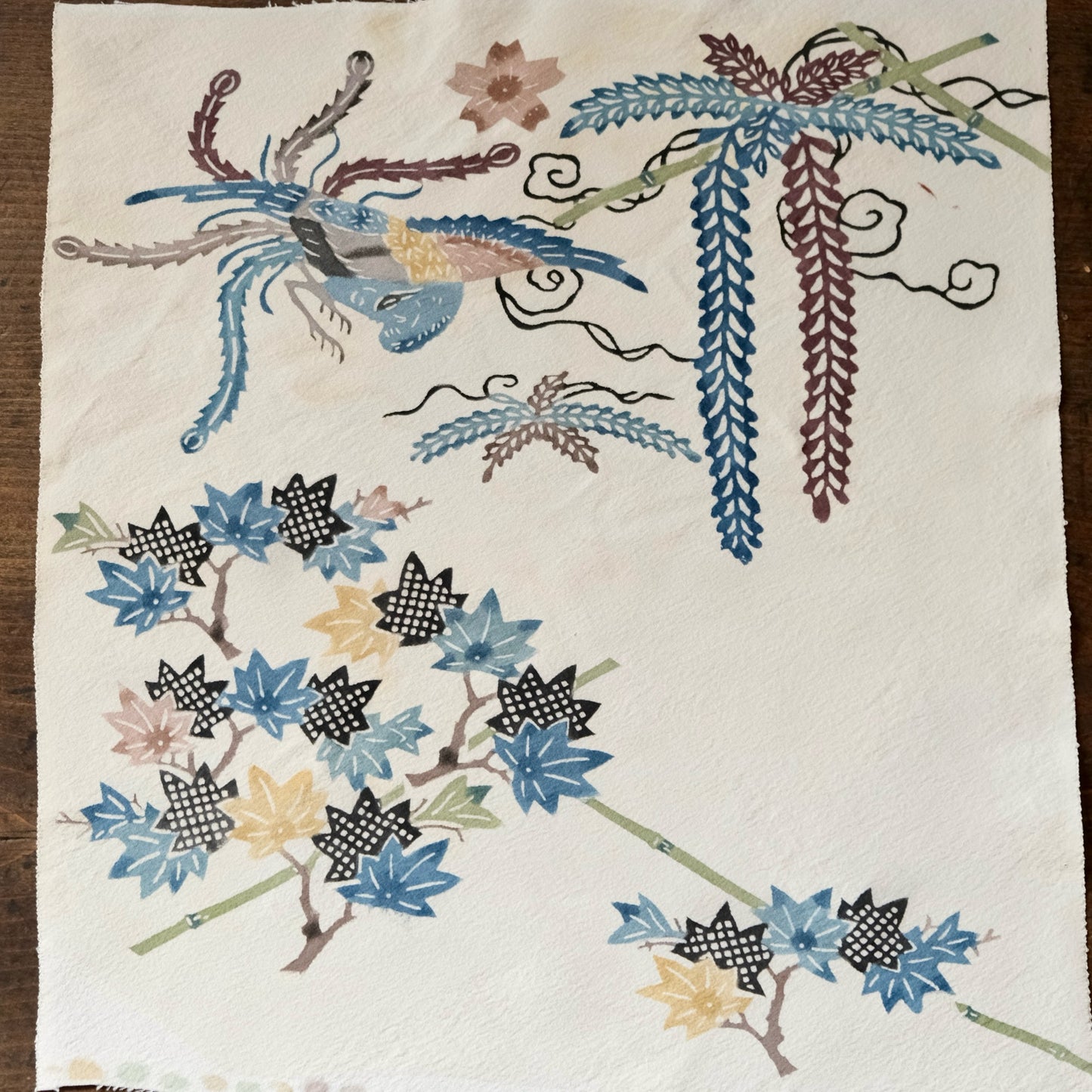 Vintage Japanese kimono silk textile Ryukyu Bingata Okinawa Japanese maple(Momiji), wisteria, phoenix (b-39)