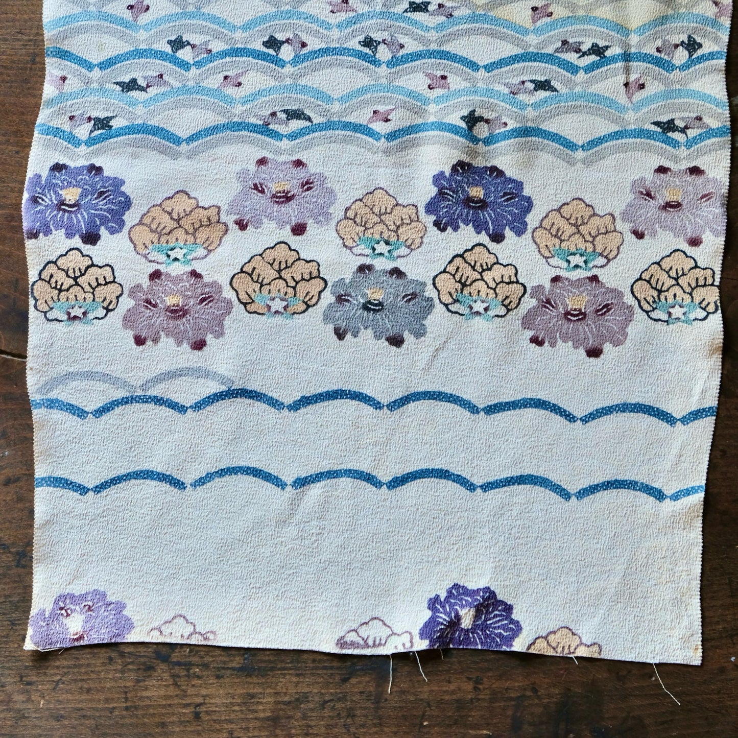 Vintage Japanese kimono silk textile ryukyu bingata okinawa Japanese iris, little bird, wave(b-33)