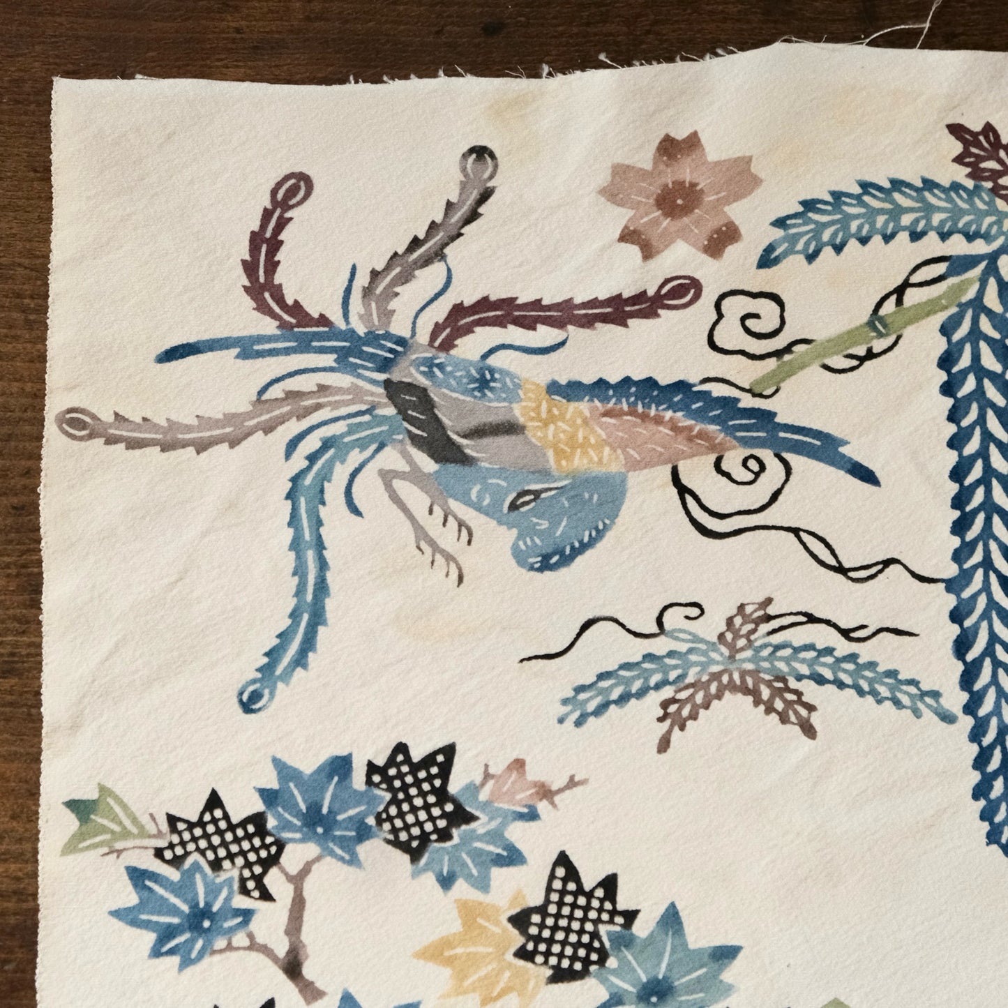 Vintage Japanese kimono silk textile Ryukyu Bingata Okinawa Japanese maple(Momiji), wisteria, phoenix (b-39)