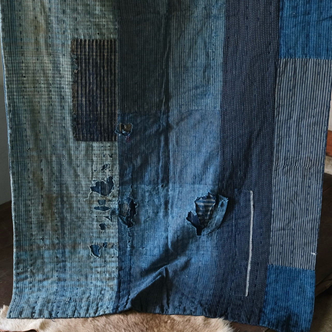 Vintage Japanese BORO rug Sashiko indigo dyeing