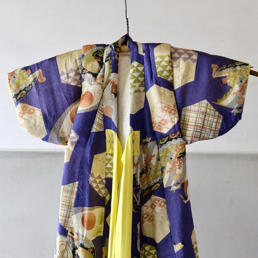 Vintage Japanese Children's Silk Kimono - Lucky Charms & Auspicious Motifs (Crane, Treasure Ship, Fan) (b-41)