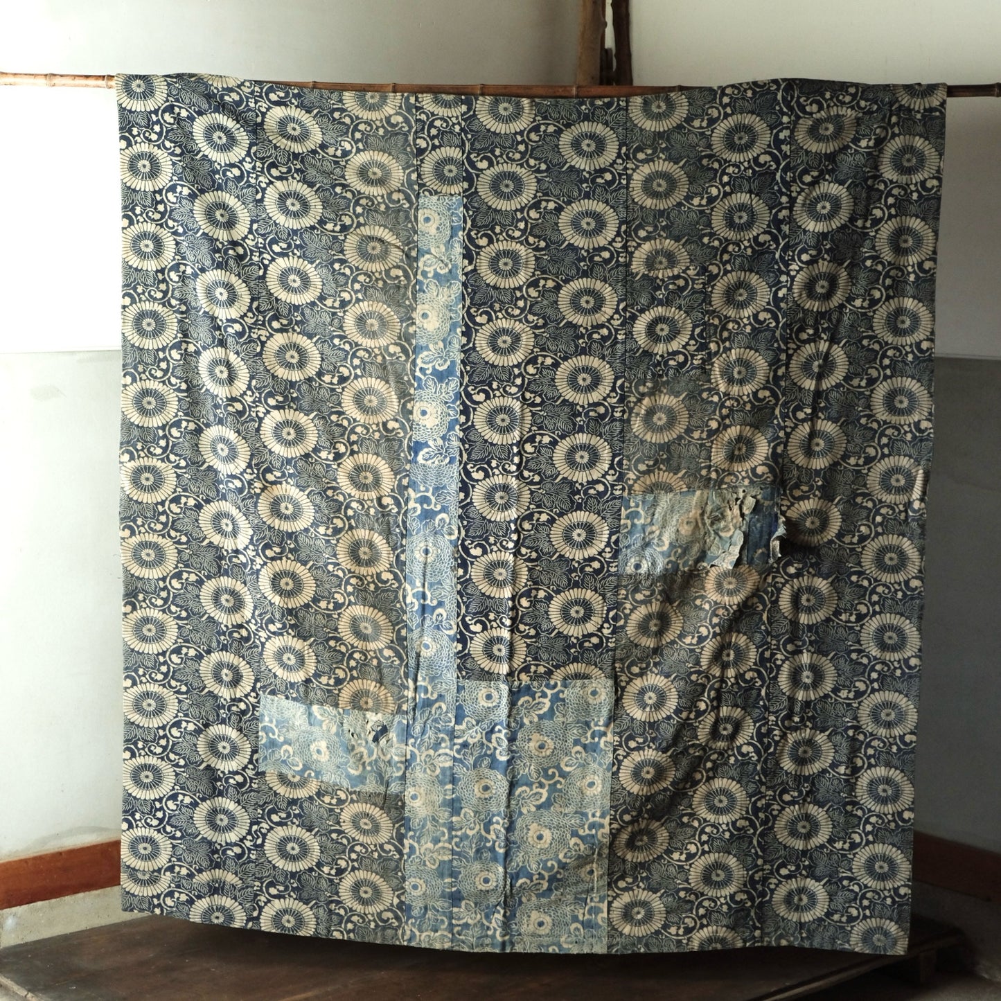 Vintage Japanese boro Katazome rug indigo chrysanthemum textile aizome over 100 years reversible sashiko(b-15)
