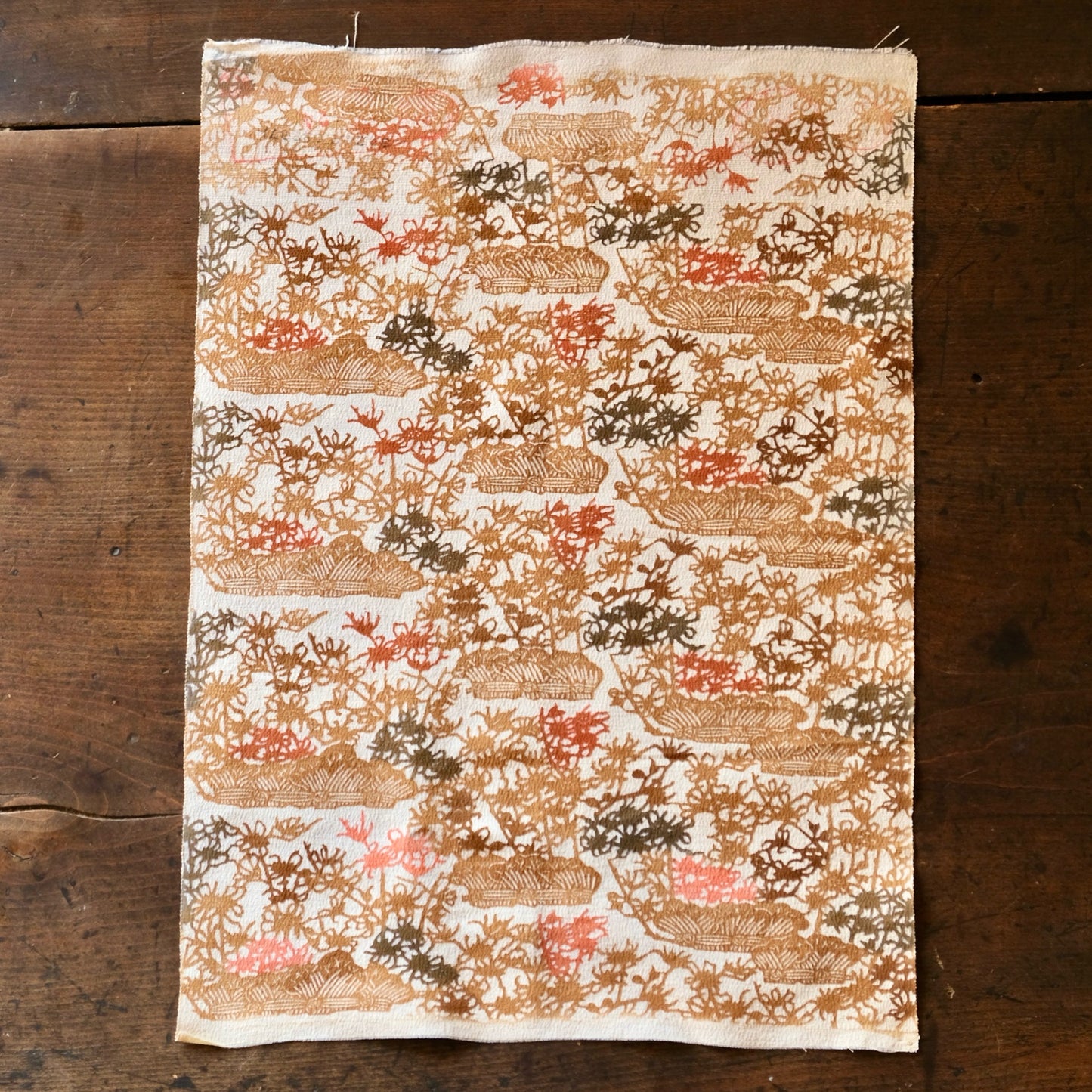 Vintage Japanese kimono silk textile Ryukyu Bingata okinawa cluster amaryllis earth tones(b-32)