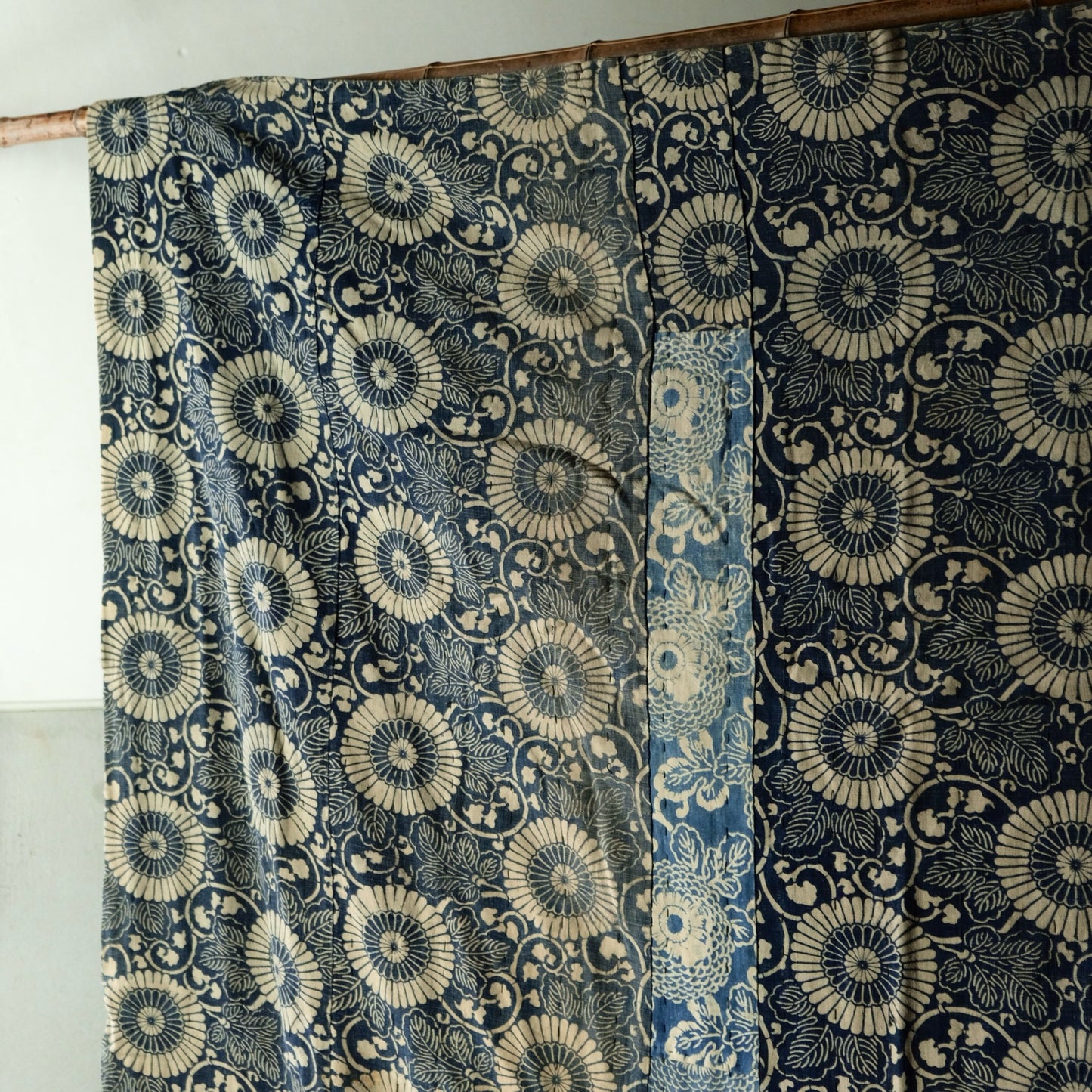 Vintage Japanese boro Katazome rug indigo chrysanthemum textile aizome over 100 years reversible sashiko(b-15)