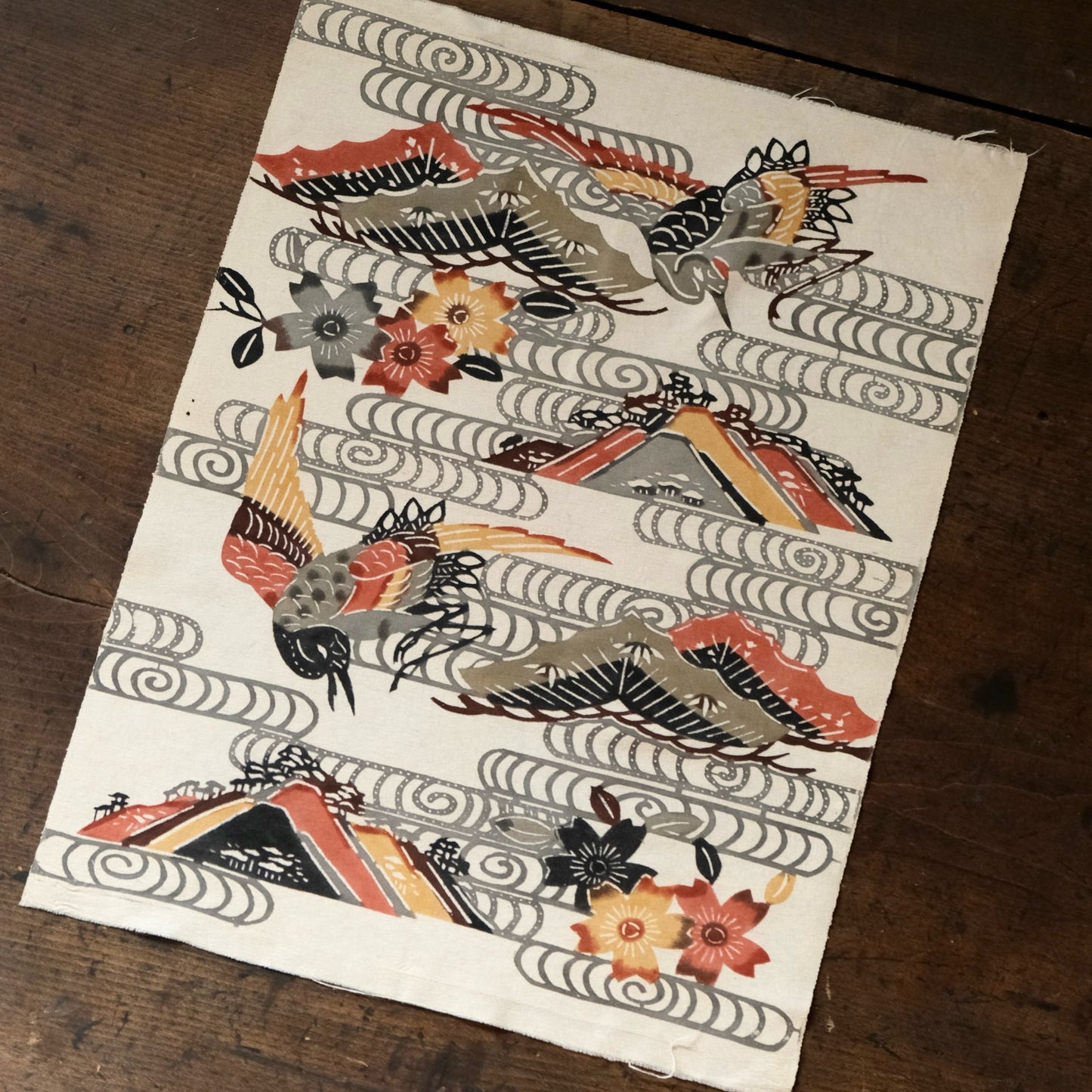 Vintage Japanese kimono silk textile Ryukyu Bingata Okinawa cranes, pine trees, cherry blossoms, mountains (b-36)