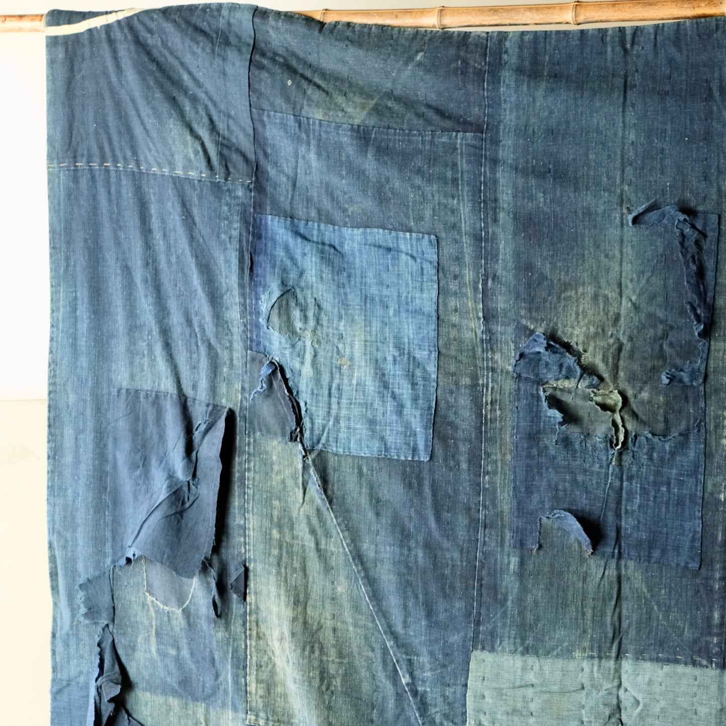 Vintage Japanese boro Katazome rug indigo chrysanthemum textile aizome over 100 years reversible sashiko(b-15)