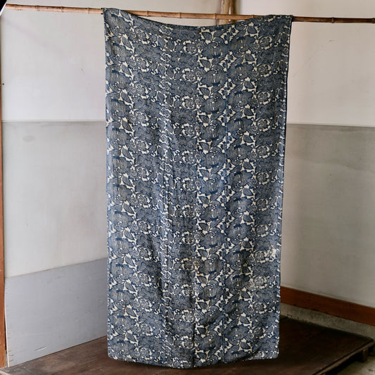 Vintage Japanese Katazome Hemp(Asa) Textile Rug(171x90cm) -Peony Motif & Crisp Indigo Dye Art Rug(b-4)