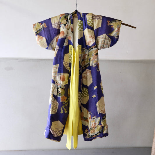 Vintage Japanese Children's Silk Kimono - Lucky Charms & Auspicious Motifs (Crane, Treasure Ship, Fan) (b-41)