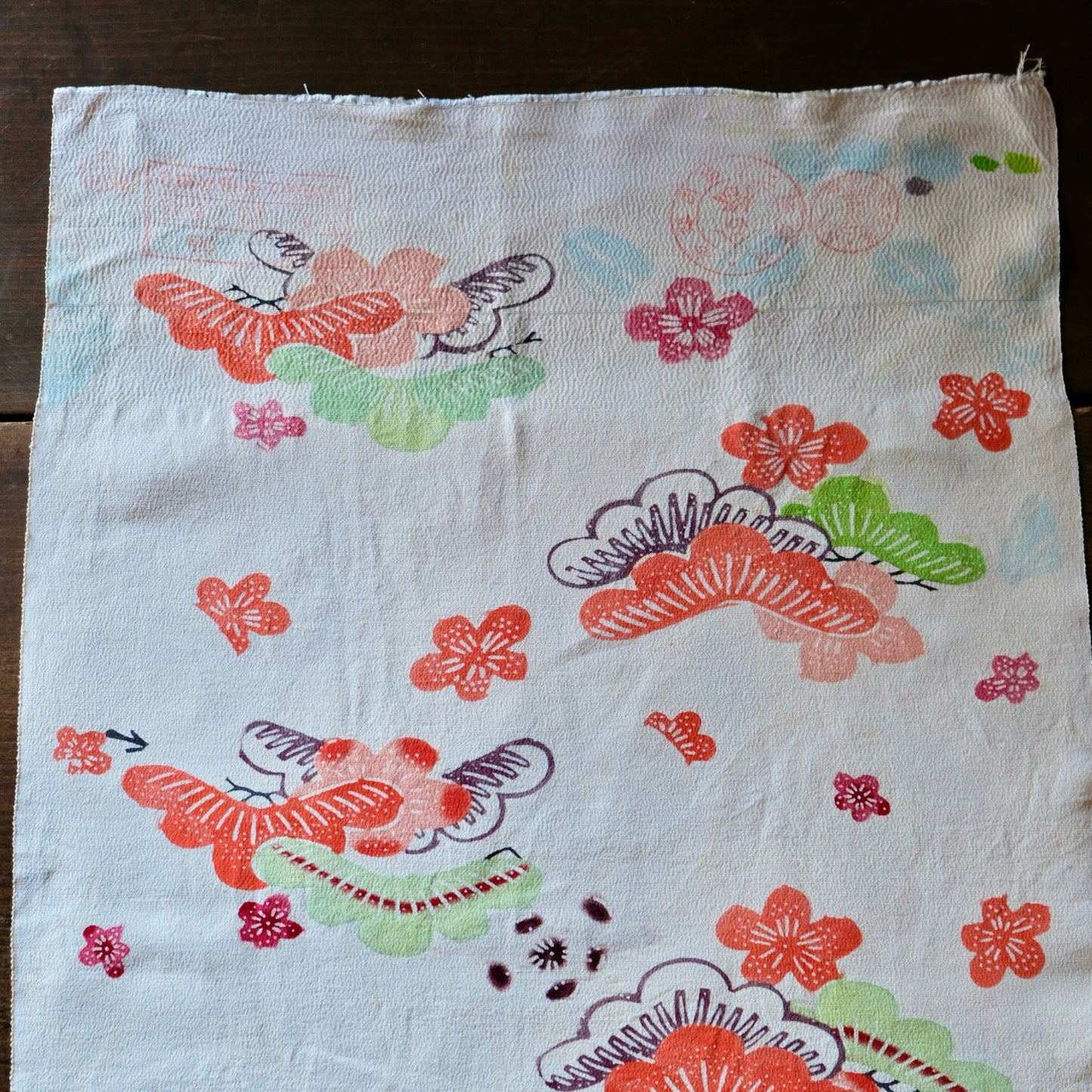 Vintage Japanese kimono silk textile ryukyu bingata okinawa pine and plum flower pattern(b-30)
