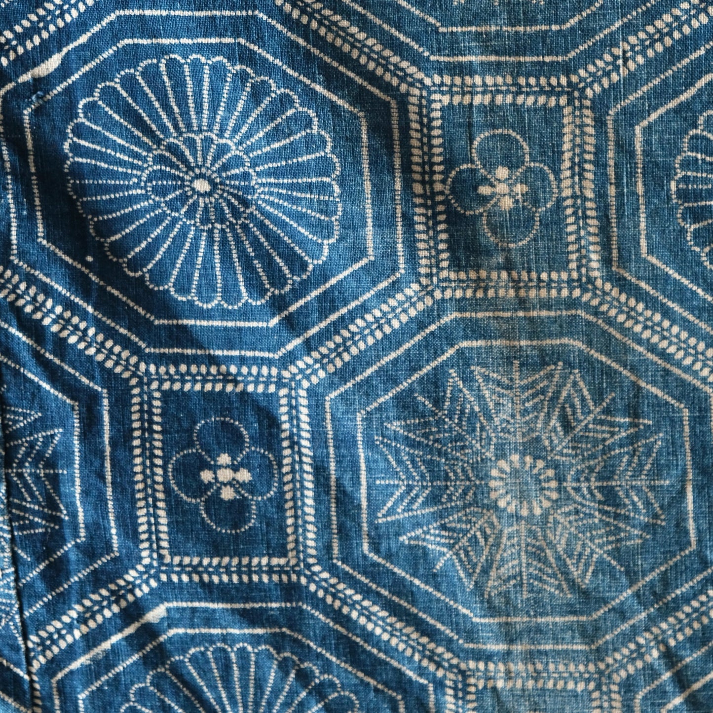 Vintage Japanese Katazome indigo chrysanthemum hexagon textile aizome cloth(b-3)