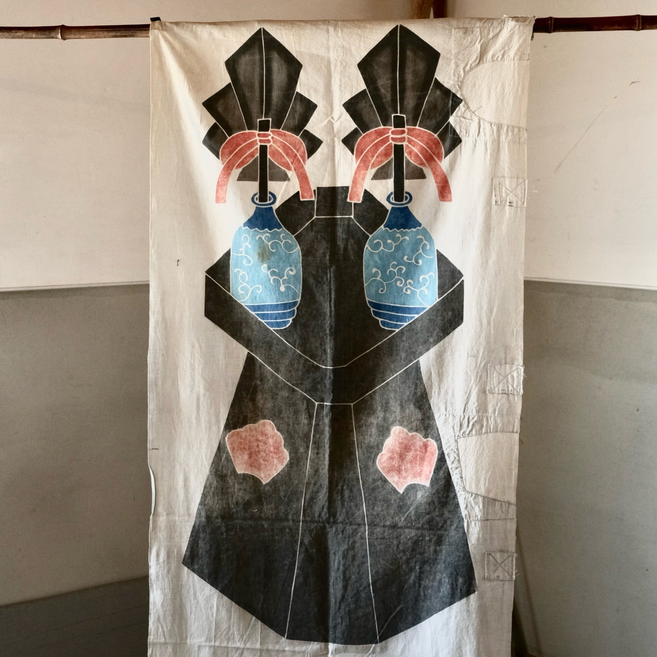 Vintage Japanese Boro Tsutsugaki Fabric flag banner big