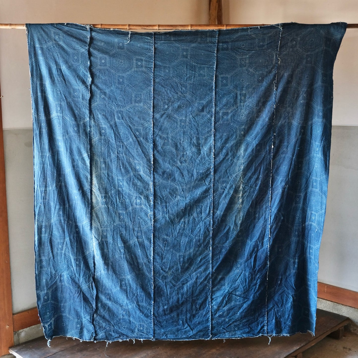 Vintage Japanese Katazome indigo chrysanthemum hexagon textile aizome cloth(b-3)