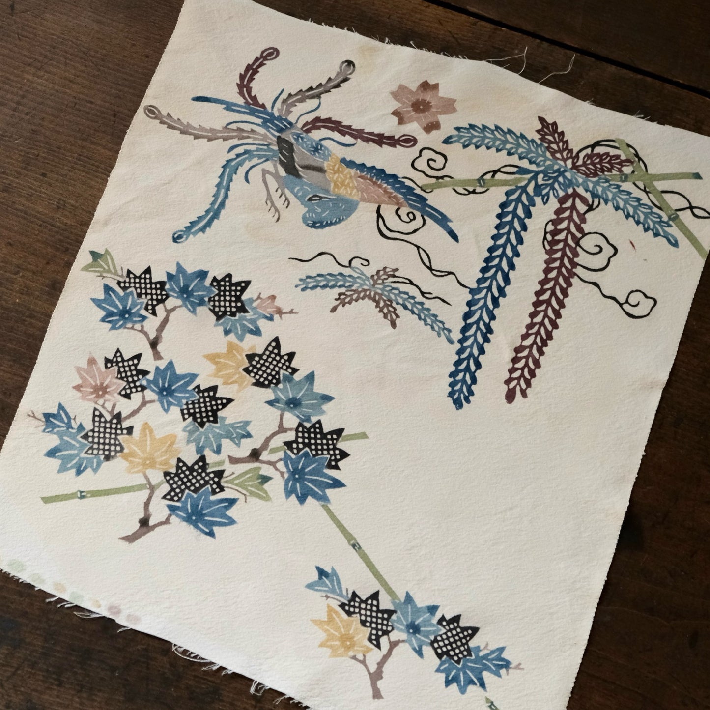 Vintage Japanese kimono silk textile Ryukyu Bingata Okinawa Japanese maple(Momiji), wisteria, phoenix (b-39)