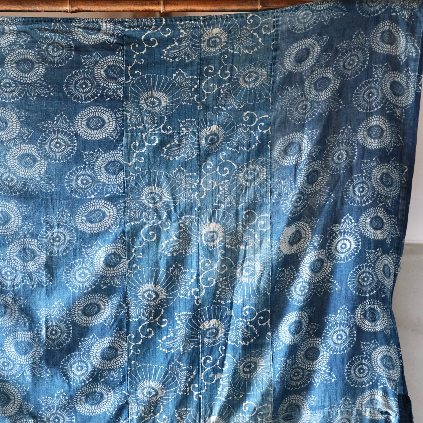 Vintage Japanese Katazome indigo chrysanthemum textile boro aizome thin cloth(b-6)