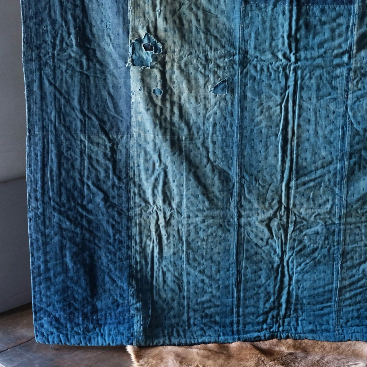 Vintage Japanese big BORO rug Sashiko indigo dyeing