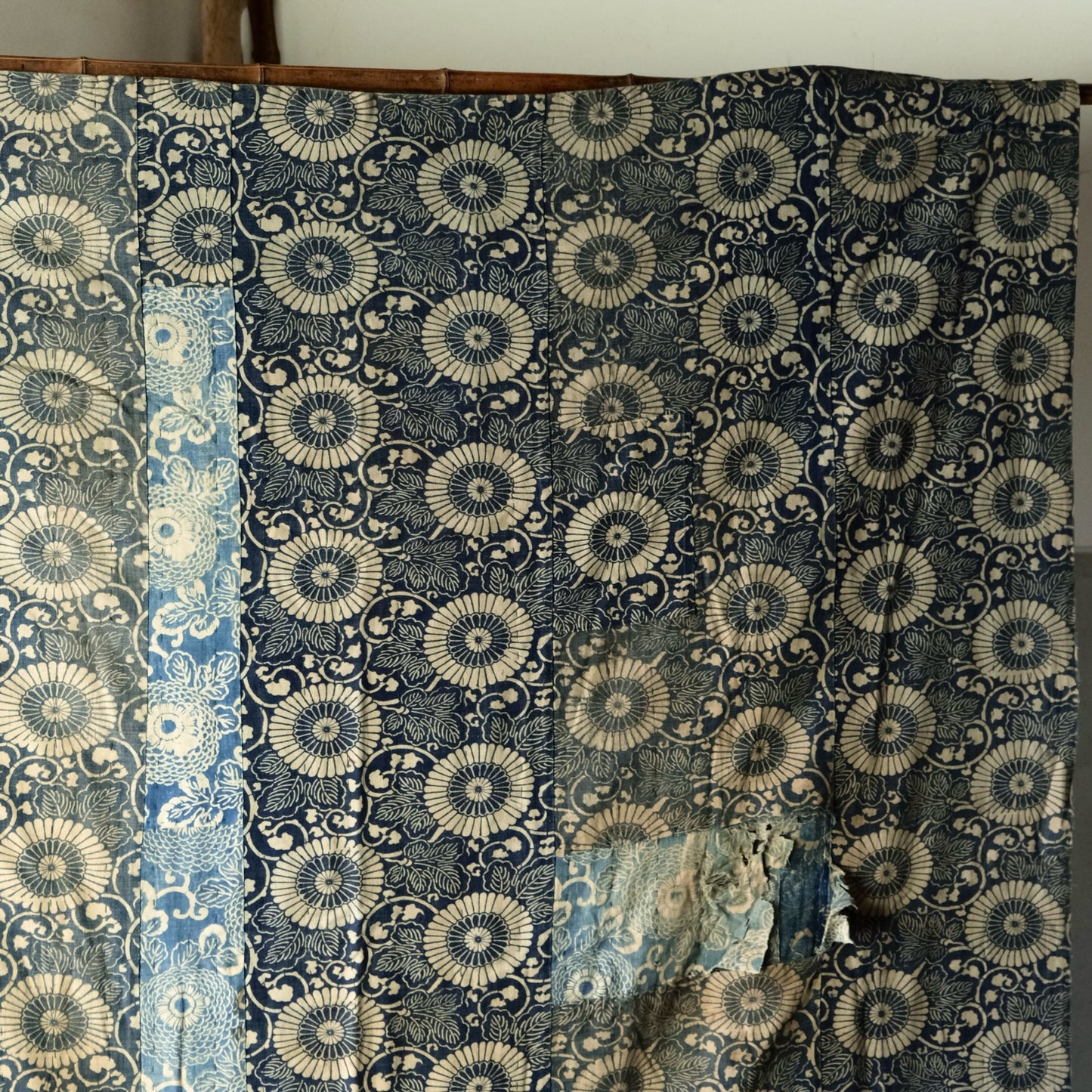 Vintage Japanese boro Katazome rug indigo chrysanthemum textile aizome over 100 years reversible sashiko(b-15)