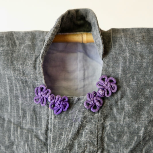 Vintage Japanese Infant's Cotton Haori/Hifu Jacket (100+ Yrs) - Wabi-Sabi Gray with Purple Floral Kumihimo - Flat Textile Wall Art(b-43)