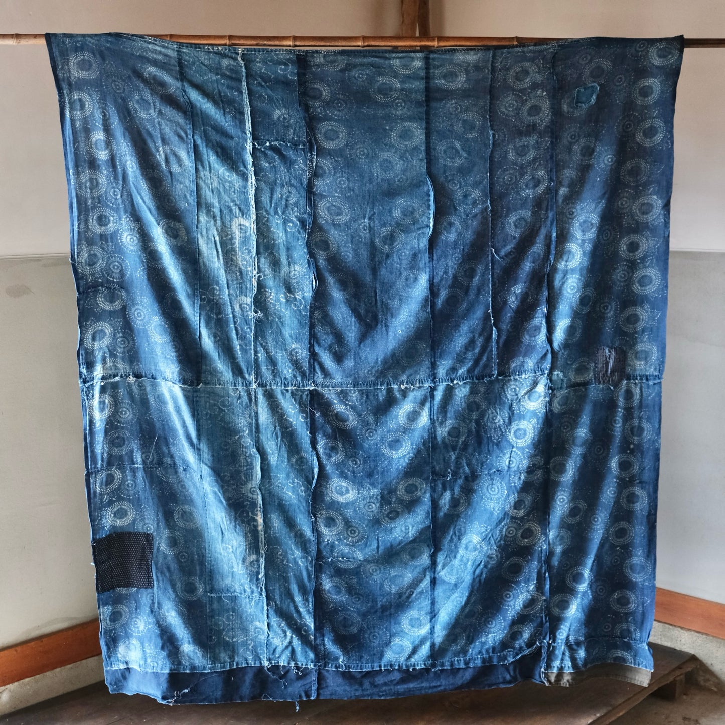 Vintage Japanese Katazome indigo chrysanthemum textile boro aizome thin cloth(b-6)