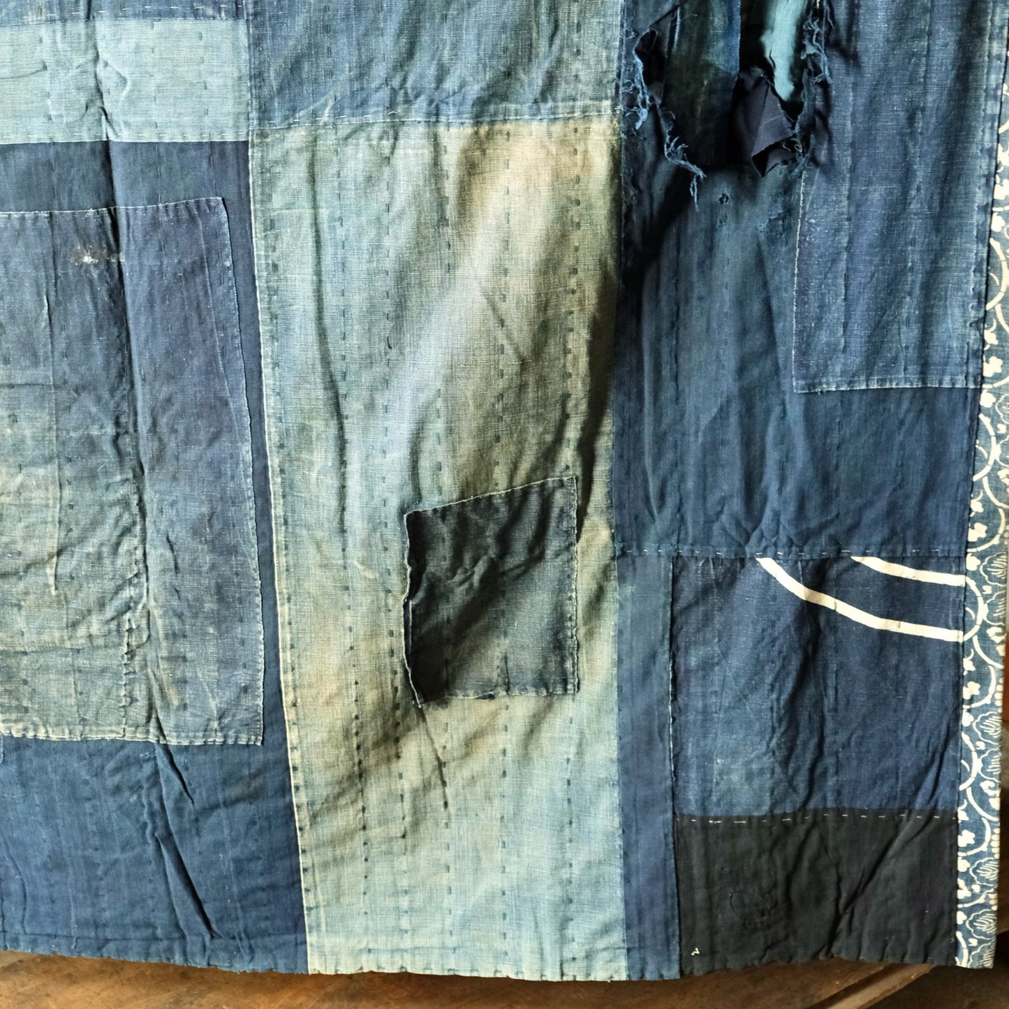 Vintage Japanese boro Katazome rug indigo chrysanthemum textile aizome over 100 years reversible sashiko(b-15)