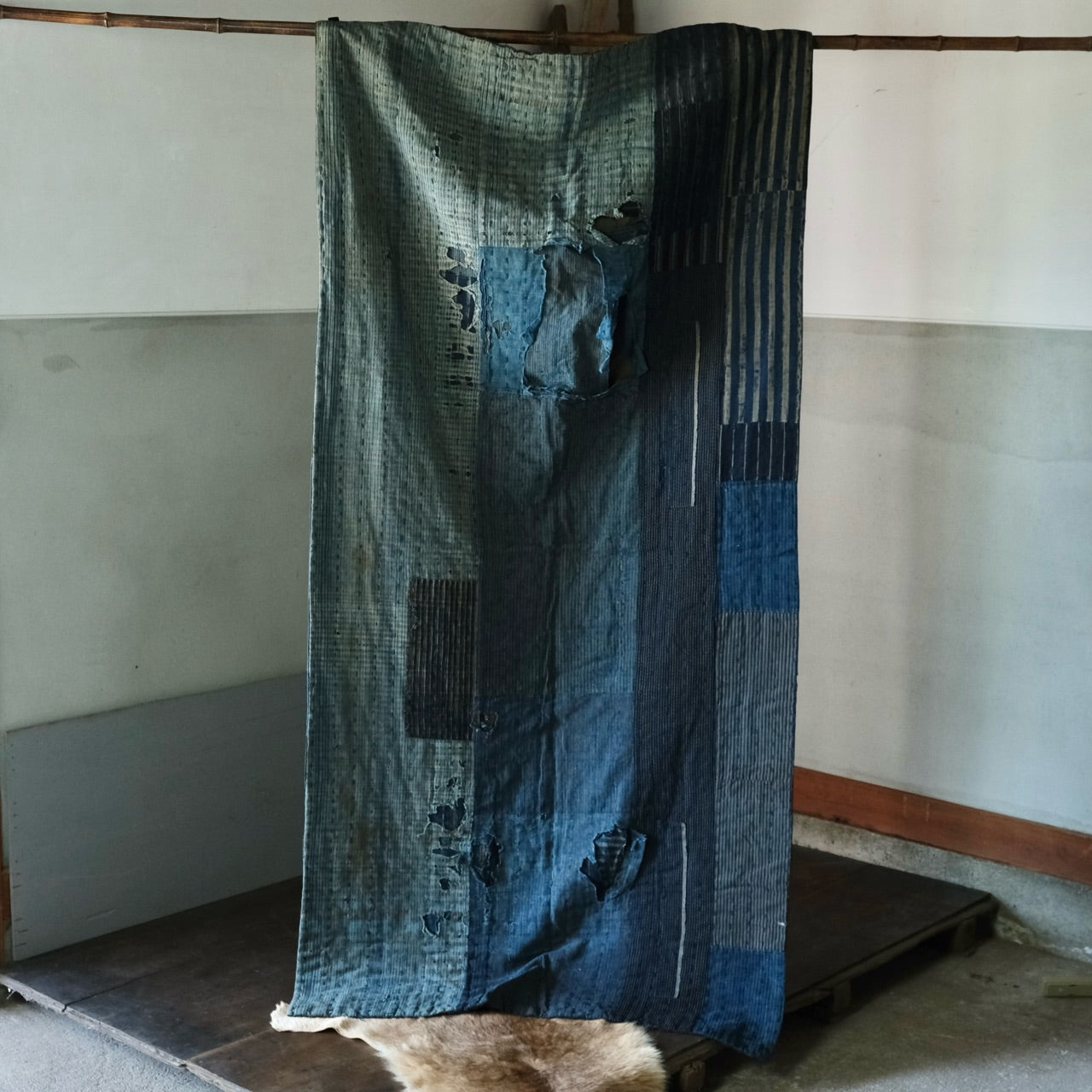 Vintage Japanese BORO rug Sashiko indigo dyeing