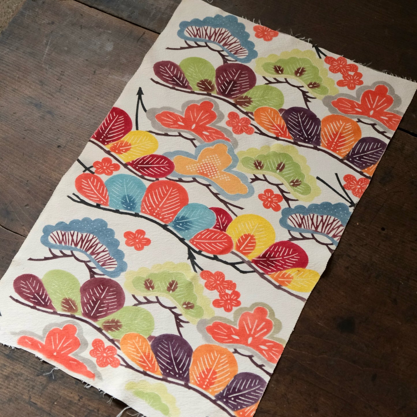 Vintage Japanese kimono silk textile Ryukyu Bingata Okinawa pine and plum blossoms (b-38)