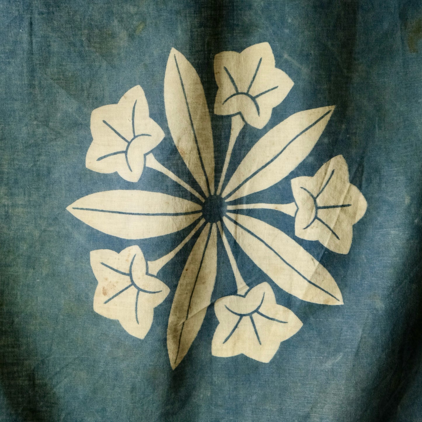 Vintage Japanese Furoshiki family crest indigo dyed cotton textile tapestry Japanese bellflower(b-52)