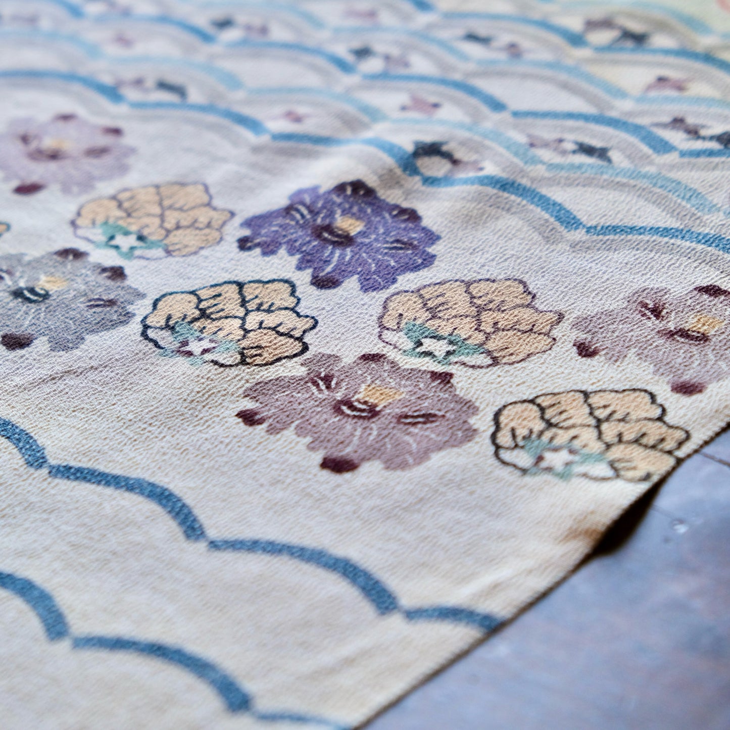 Vintage Japanese kimono silk textile ryukyu bingata okinawa Japanese iris, little bird, wave(b-33)
