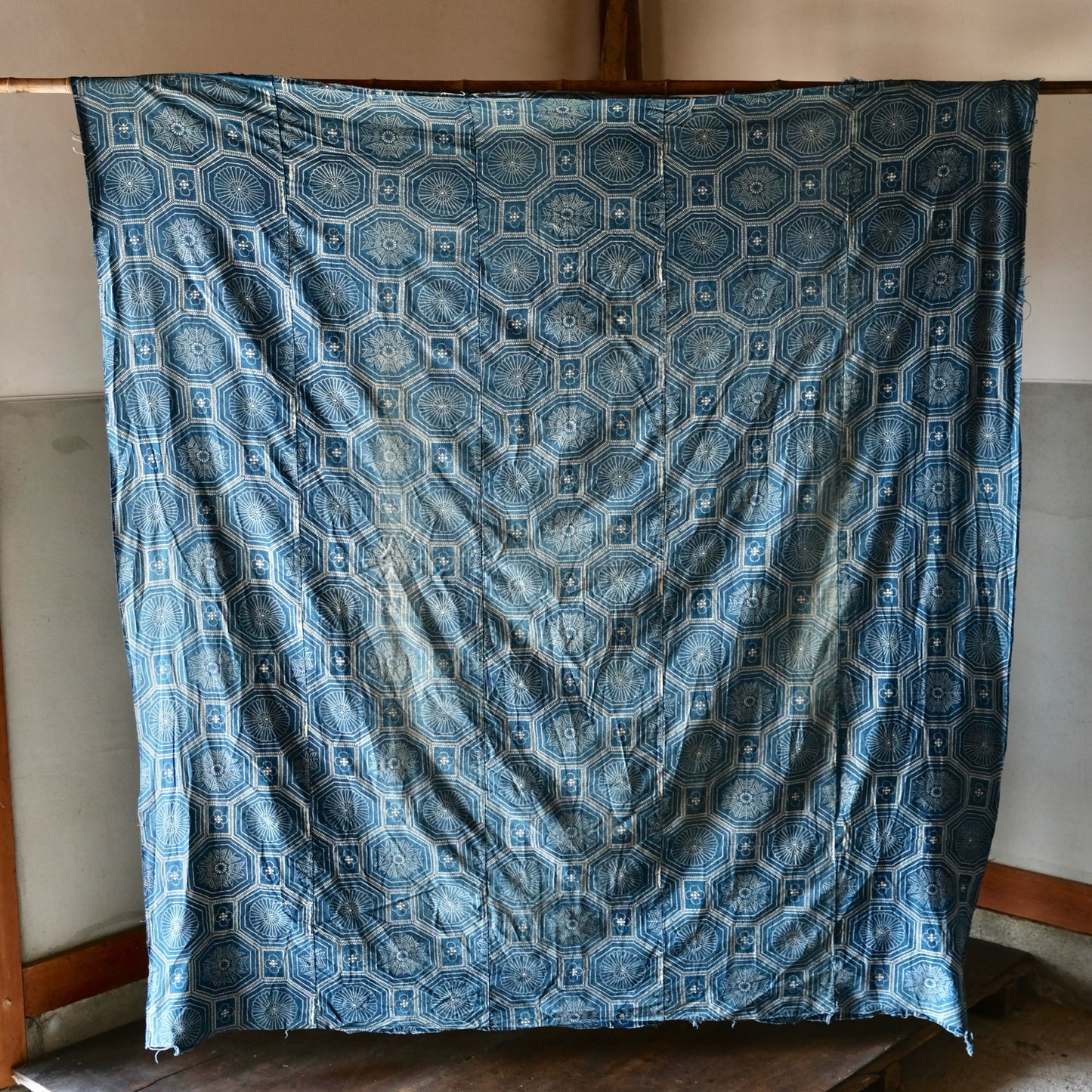 Vintage Japanese Katazome indigo chrysanthemum hexagon textile aizome cloth(b-3)