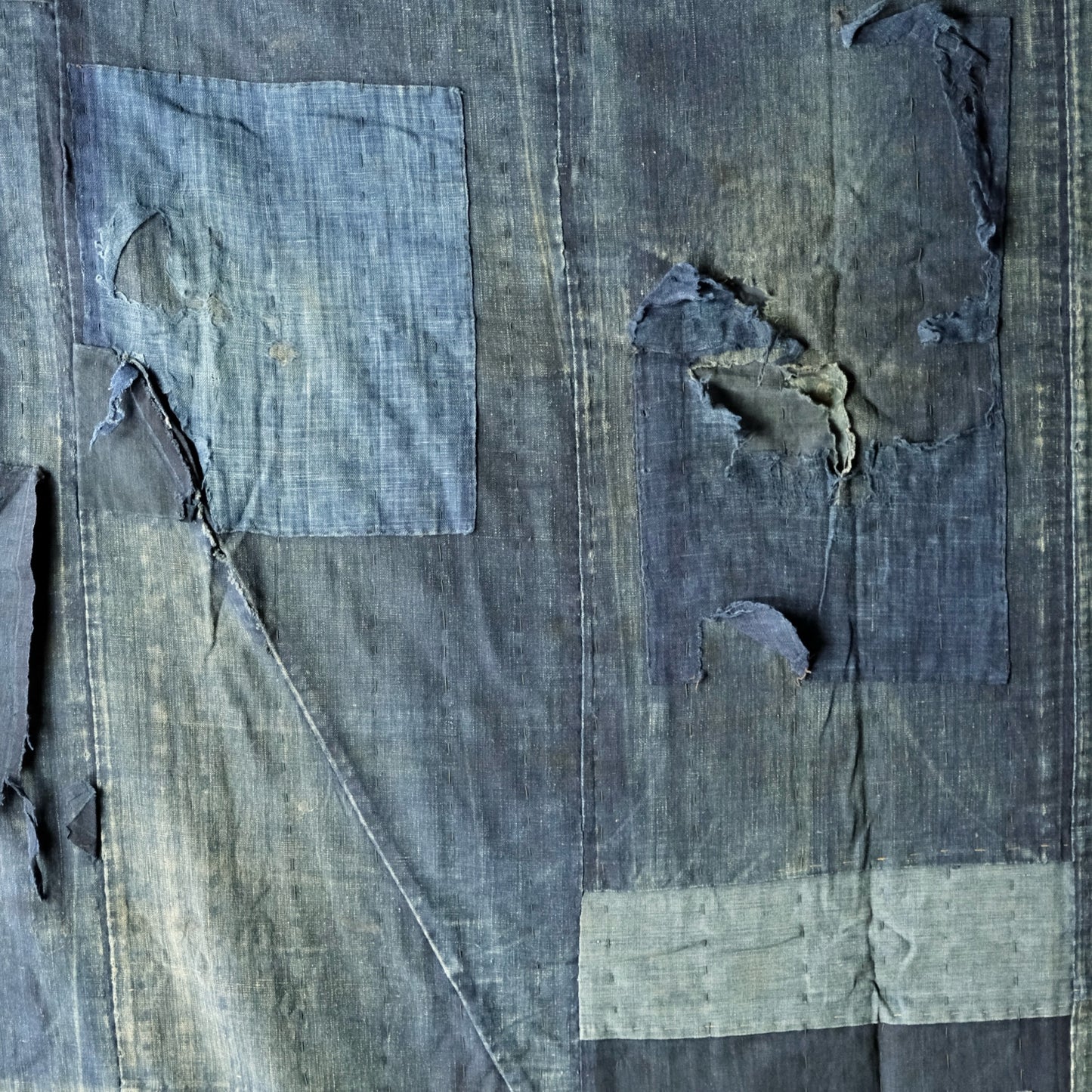 Vintage Japanese boro Katazome rug indigo chrysanthemum textile aizome over 100 years reversible sashiko(b-15)