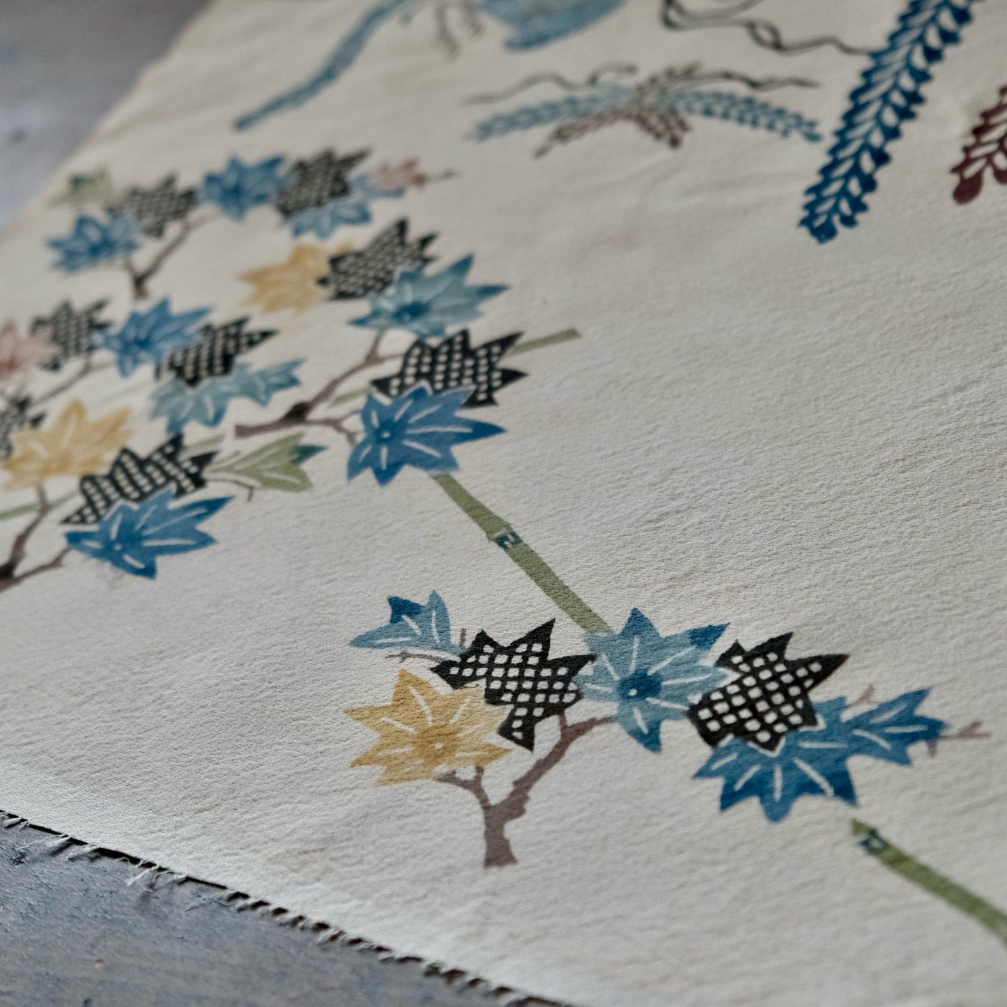 Vintage Japanese kimono silk textile Ryukyu Bingata Okinawa Japanese maple(Momiji), wisteria, phoenix (b-39)