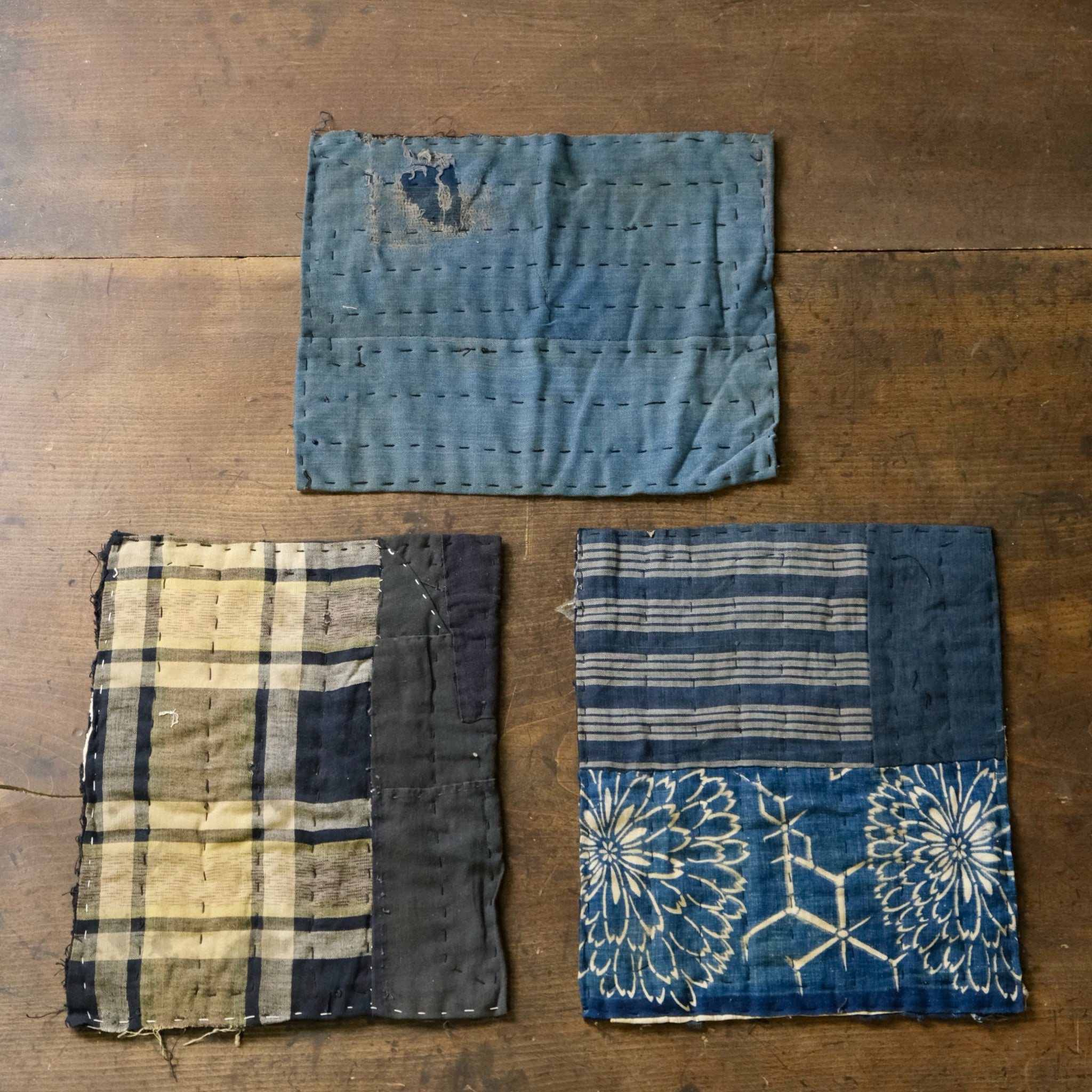 Vintage Japanese Boro Sashiko Mini Rug 3-Piece Set – Indigo Aizome