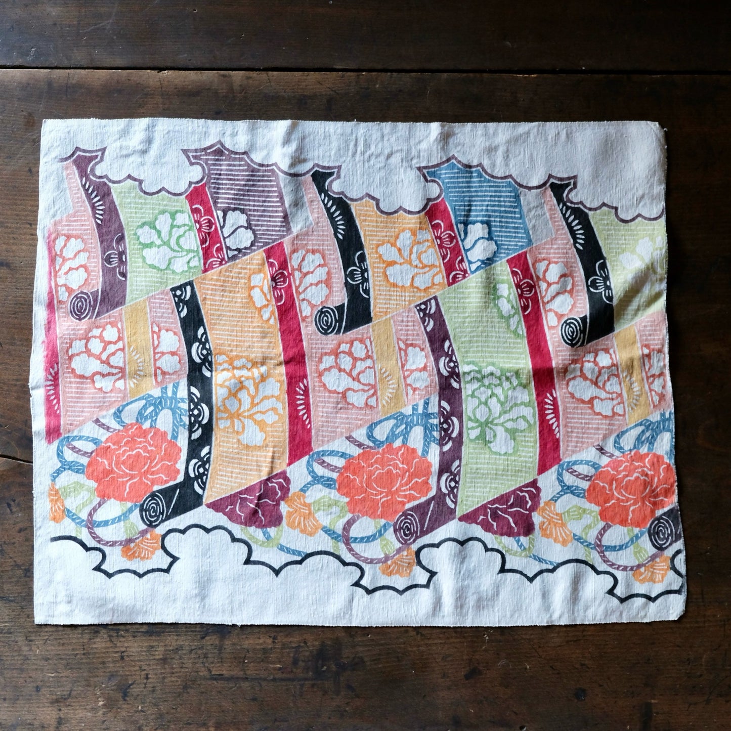 Vintage Japanese kimono silk textile Ryukyu Bingata okinawa Japanese peony(b-18)
