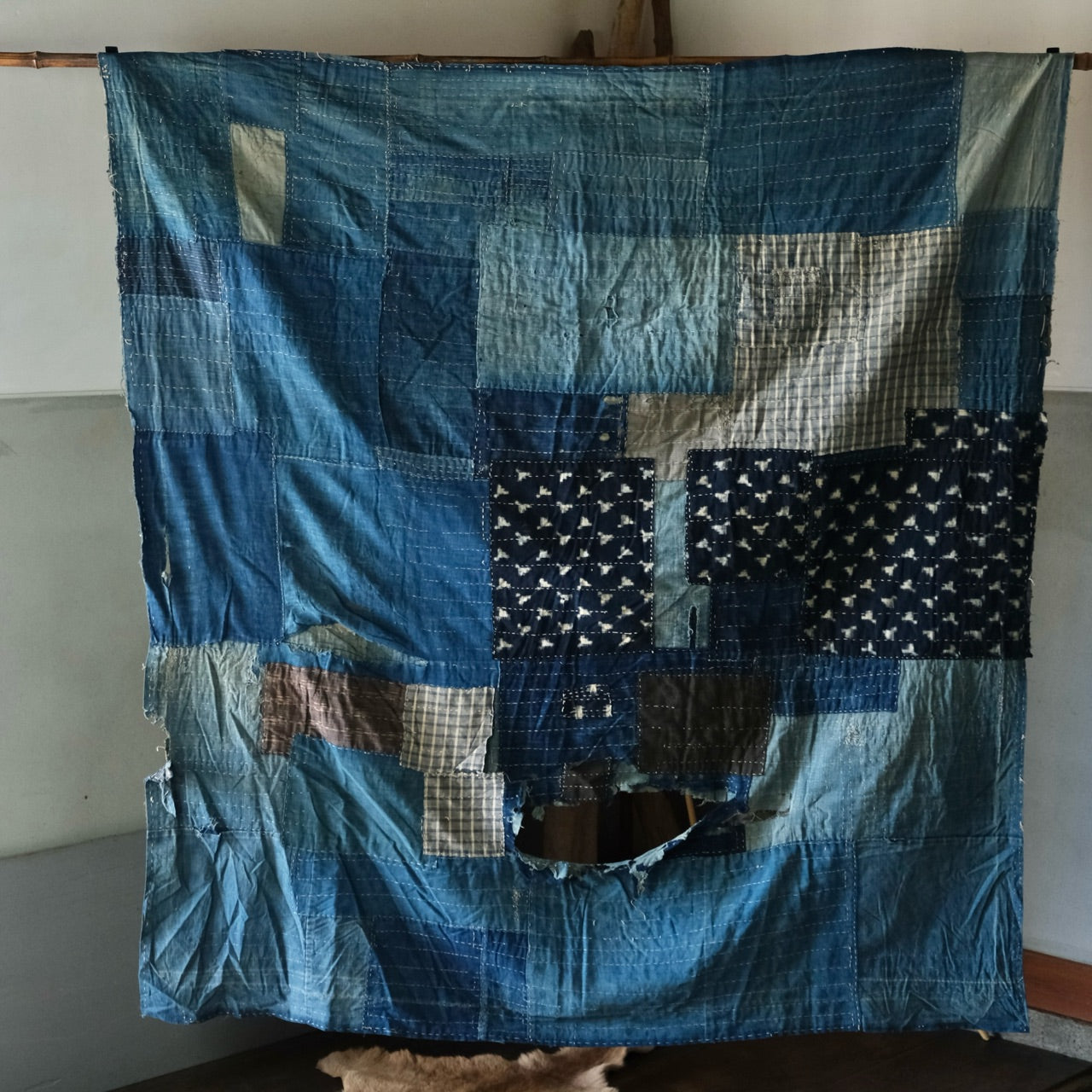 Vintage Japanese BORO rug Sashiko indigo dyeing