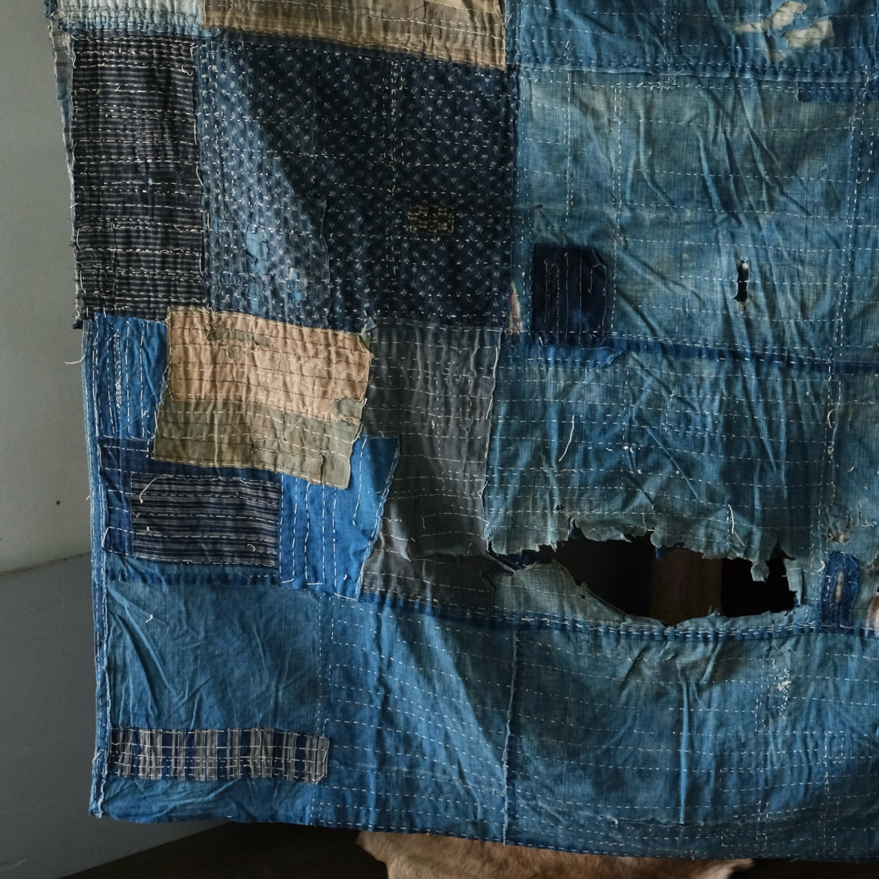 Vintage Japanese BORO rug Sashiko indigo dyeing