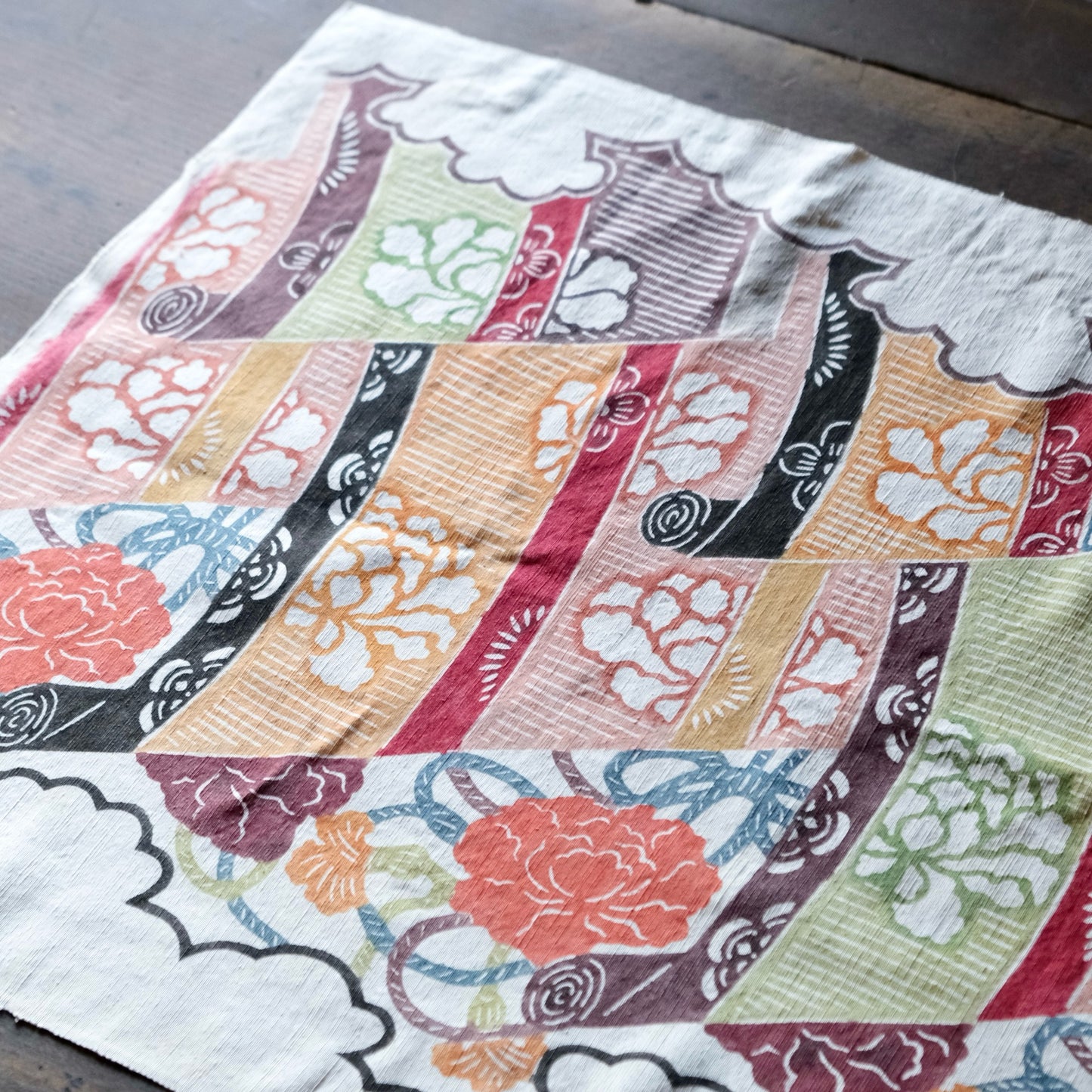 Vintage Japanese kimono silk textile Ryukyu Bingata okinawa Japanese peony(b-18)