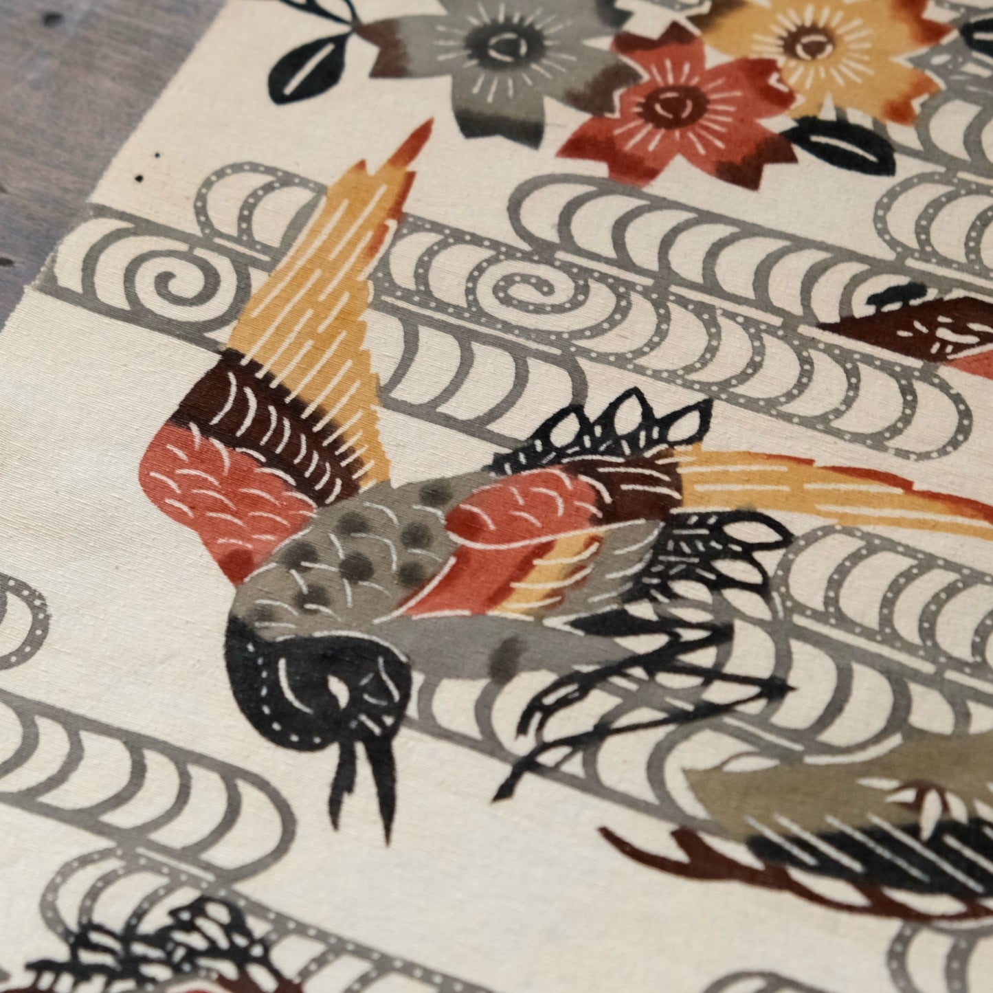 Vintage Japanese kimono silk textile Ryukyu Bingata Okinawa cranes, pine trees, cherry blossoms, mountains (b-36)