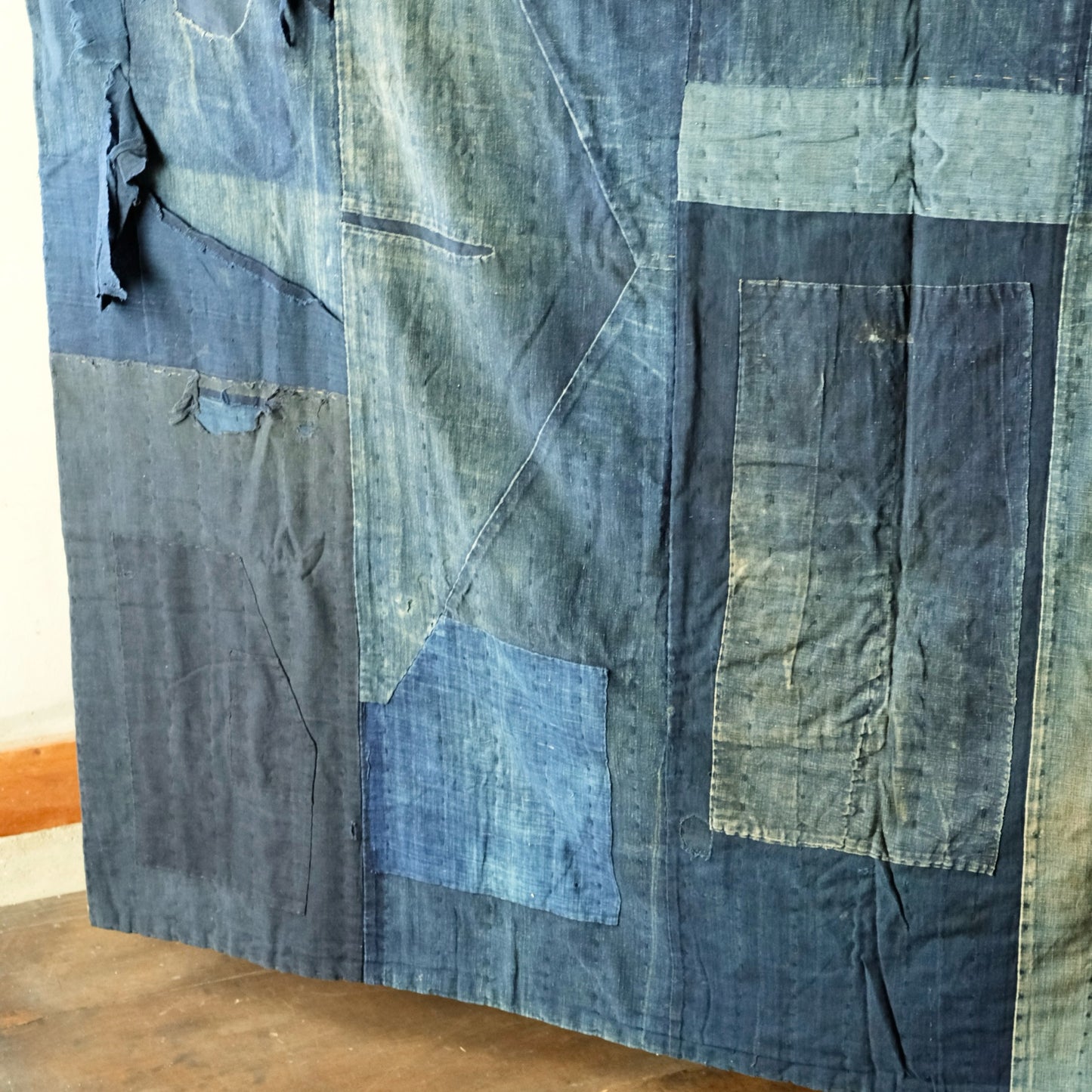 Vintage Japanese boro Katazome rug indigo chrysanthemum textile aizome over 100 years reversible sashiko(b-15)